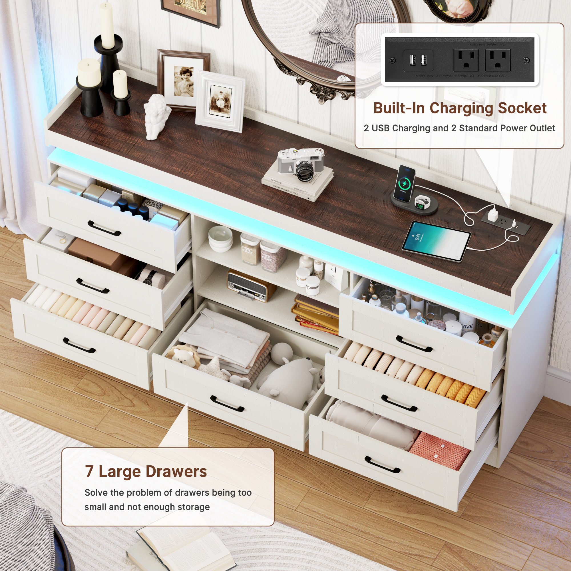 70" Farmhouse TV Stand for 80/75/70 Inch TVs, Dresser TV Stand with Power Outlet and LED light, 35" Tall Entertainment Center with 7 drawers for Living Room, Bedroom