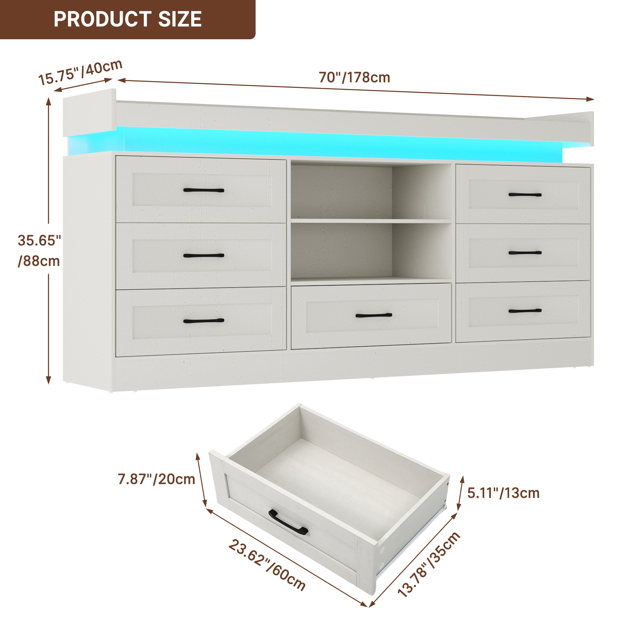 70" Farmhouse TV Stand for 80/75/70 Inch TVs, Dresser TV Stand with Power Outlet and LED light, 35" Tall Entertainment Center with 7 drawers for Living Room, Bedroom
