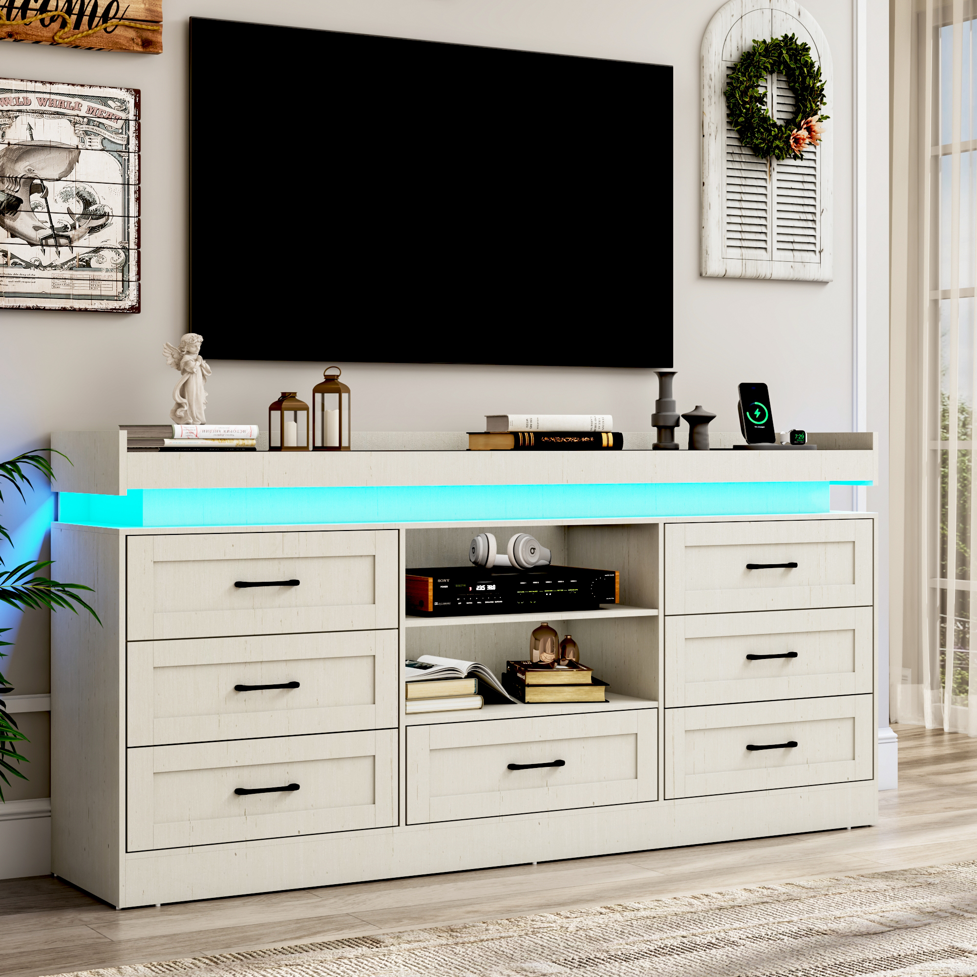 70" Farmhouse TV Stand for 80/75/70 Inch TVs, Dresser TV Stand with Power Outlet and LED light, 35" Tall Entertainment Center with 7 drawers for Living Room, Bedroom
