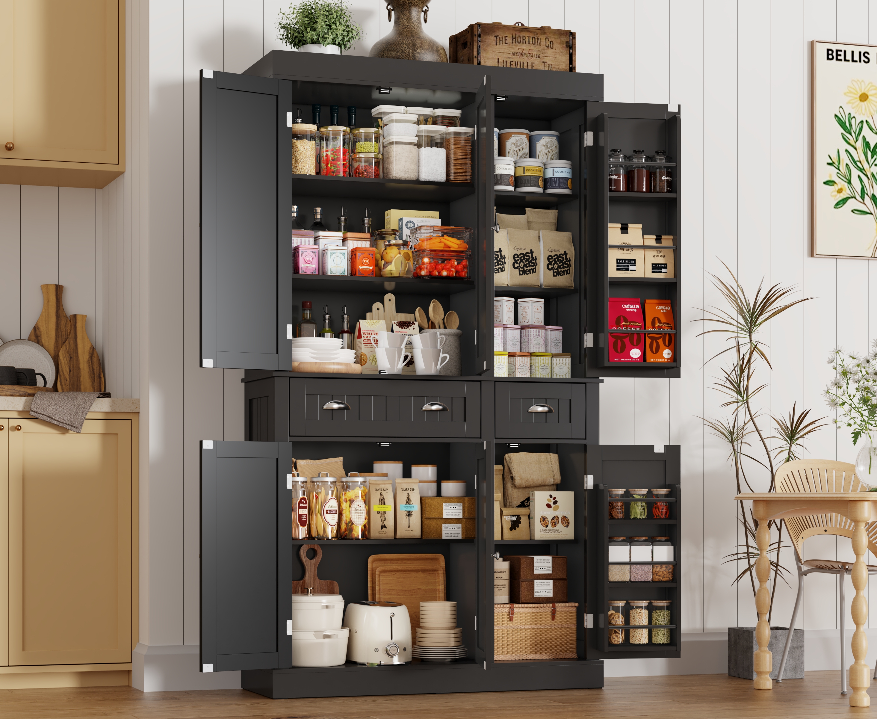 White Kitchen Pantry with 6 Door, and 2 Drawers, 72" Tall Cabinet with Adjustable Shelves, Freestanding Tall Cupboard Storage Cabinet