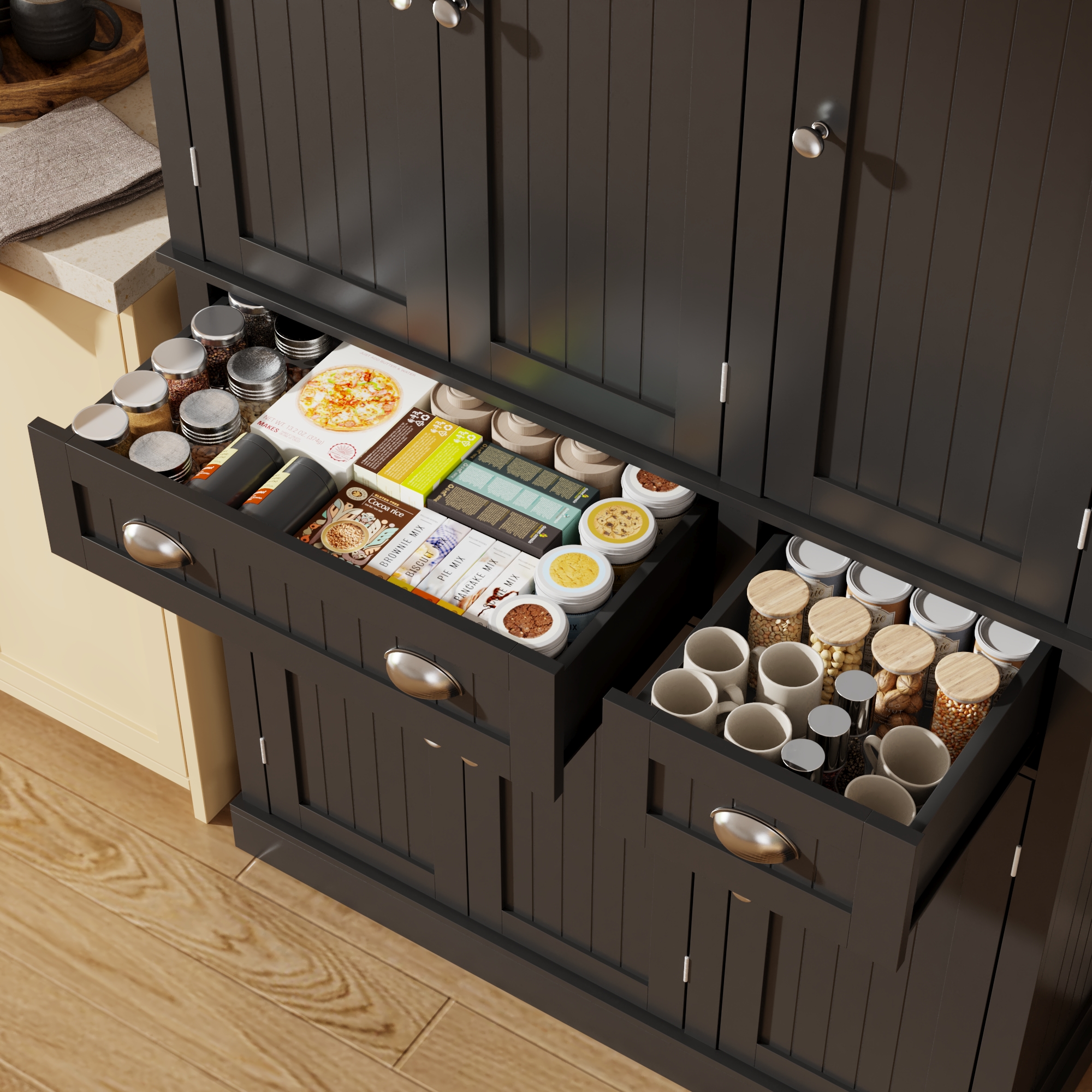 White Kitchen Pantry with 6 Door, and 2 Drawers, 72" Tall Cabinet with Adjustable Shelves, Freestanding Tall Cupboard Storage Cabinet