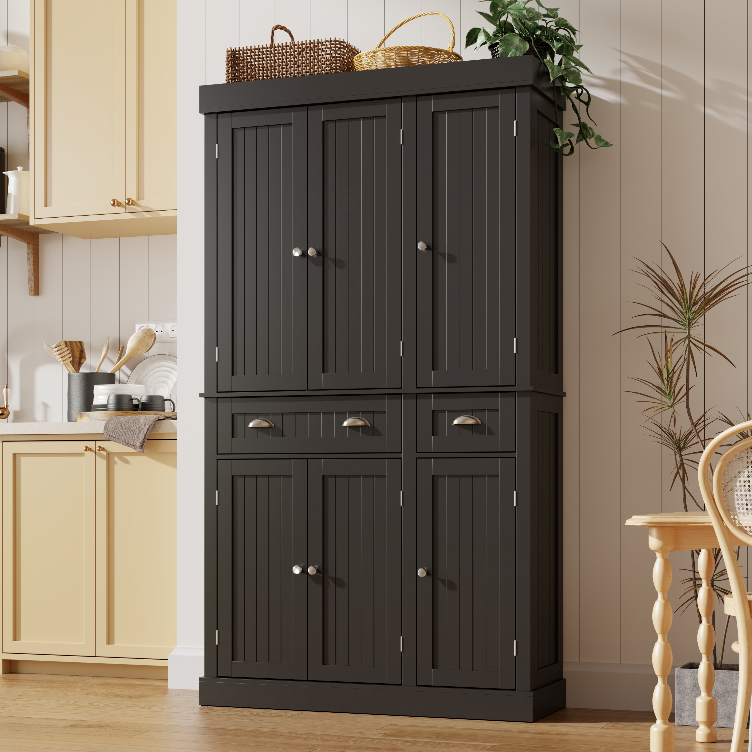 ChVans 71" Tall Kitchen Pantry with 6 Doors, Storage Cabinet with 2 Large Drawer 6 Hanging Shelves, Freestanding Cupboard for Dining Room Living Room