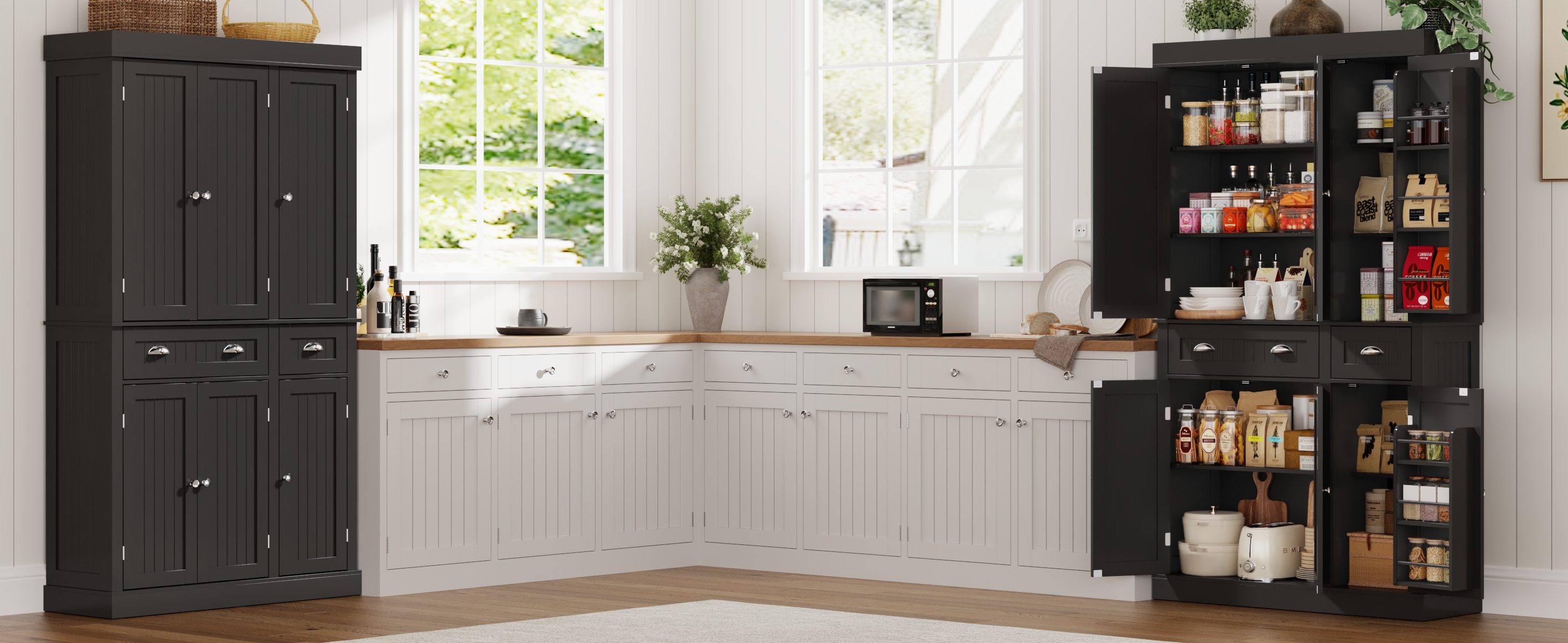 ChVans 71" Tall Kitchen Pantry with 6 Doors, Storage Cabinet with 2 Large Drawer 6 Hanging Shelves, Freestanding Cupboard for Dining Room Living Room