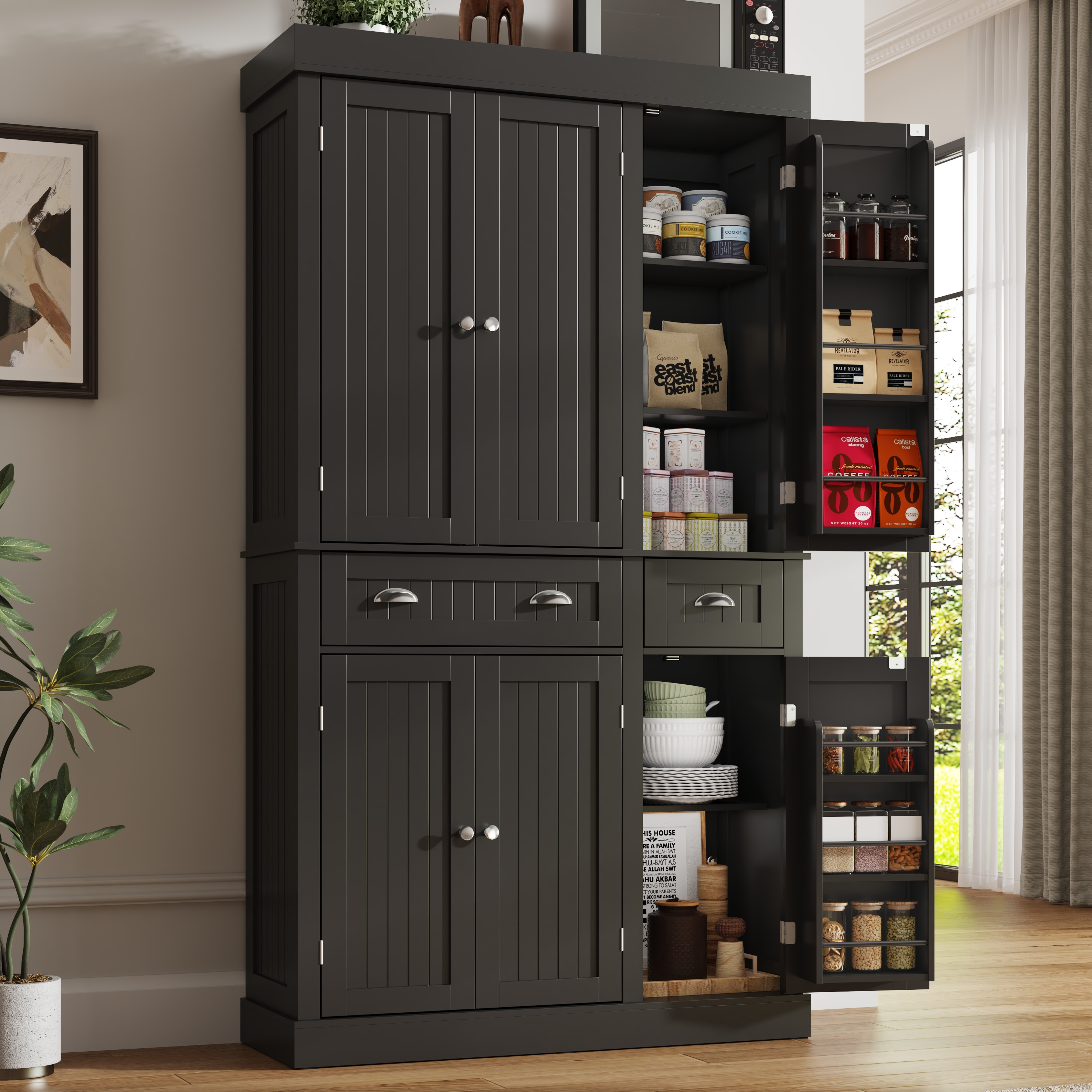 White Kitchen Pantry with 6 Door, and 2 Drawers, 72" Tall Cabinet with Adjustable Shelves, Freestanding Tall Cupboard Storage Cabinet