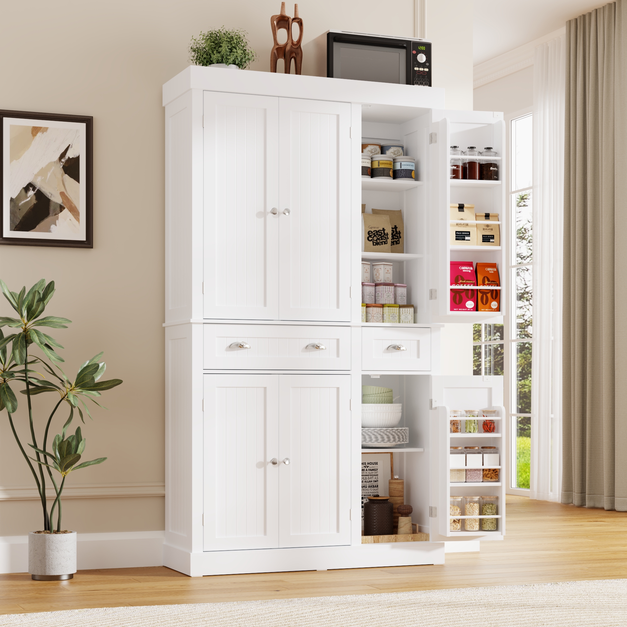 White Kitchen Pantry with 6 Door, and 2 Drawers, 72" Tall Cabinet with Adjustable Shelves, Freestanding Tall Cupboard Storage Cabinet