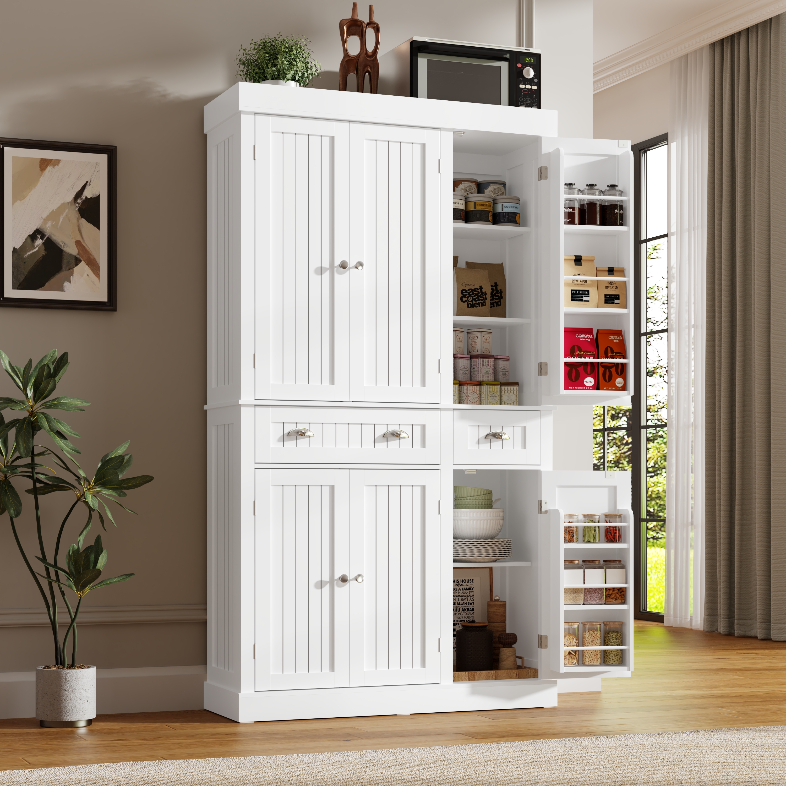 ChVans 71" Tall Kitchen Pantry with 6 Doors, Storage Cabinet with 2 Large Drawer 6 Hanging Shelves, Freestanding Cupboard for Dining Room Living Room