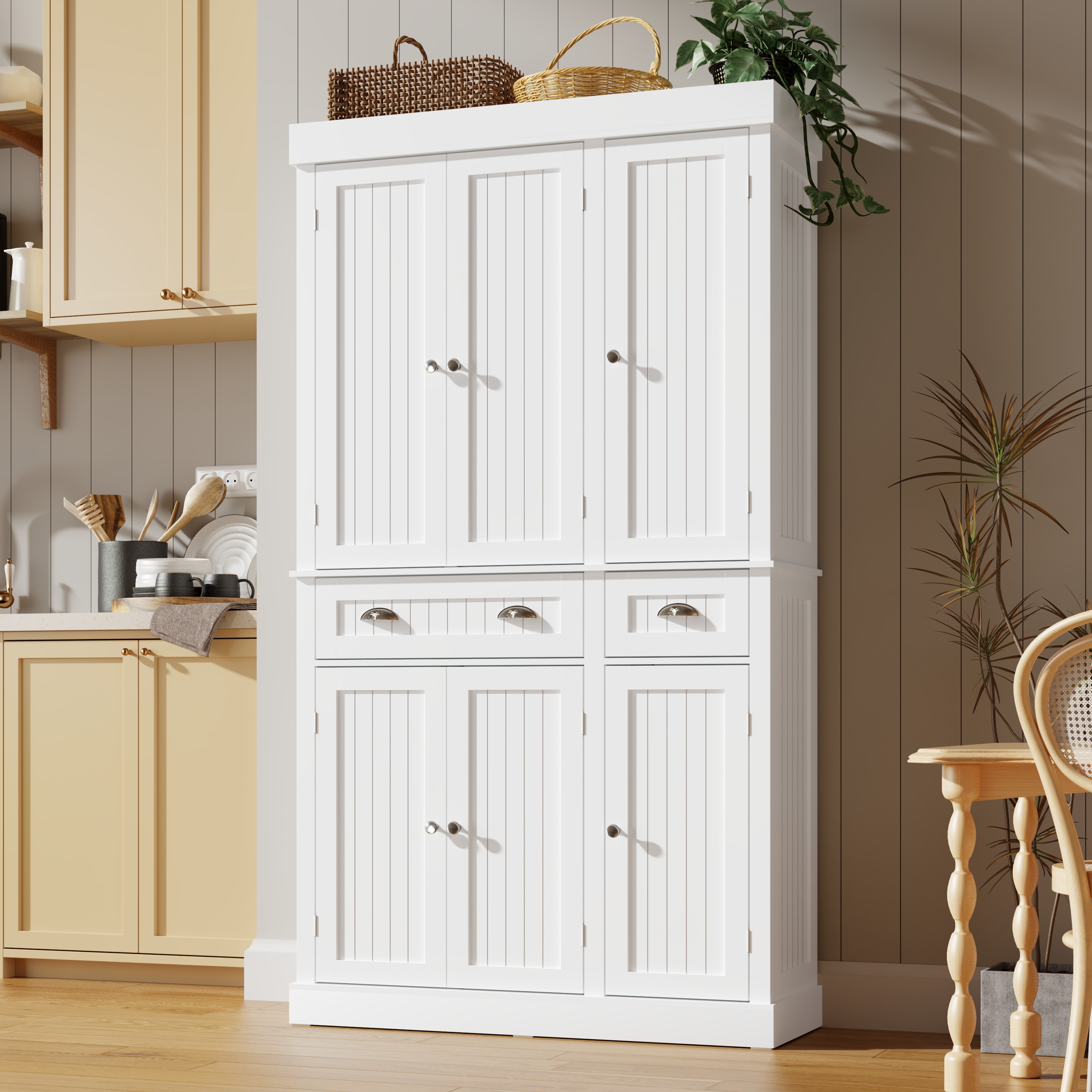 ChVans 71" Tall Kitchen Pantry with 6 Doors, Storage Cabinet with 2 Large Drawer 6 Hanging Shelves, Freestanding Cupboard for Dining Room Living Room