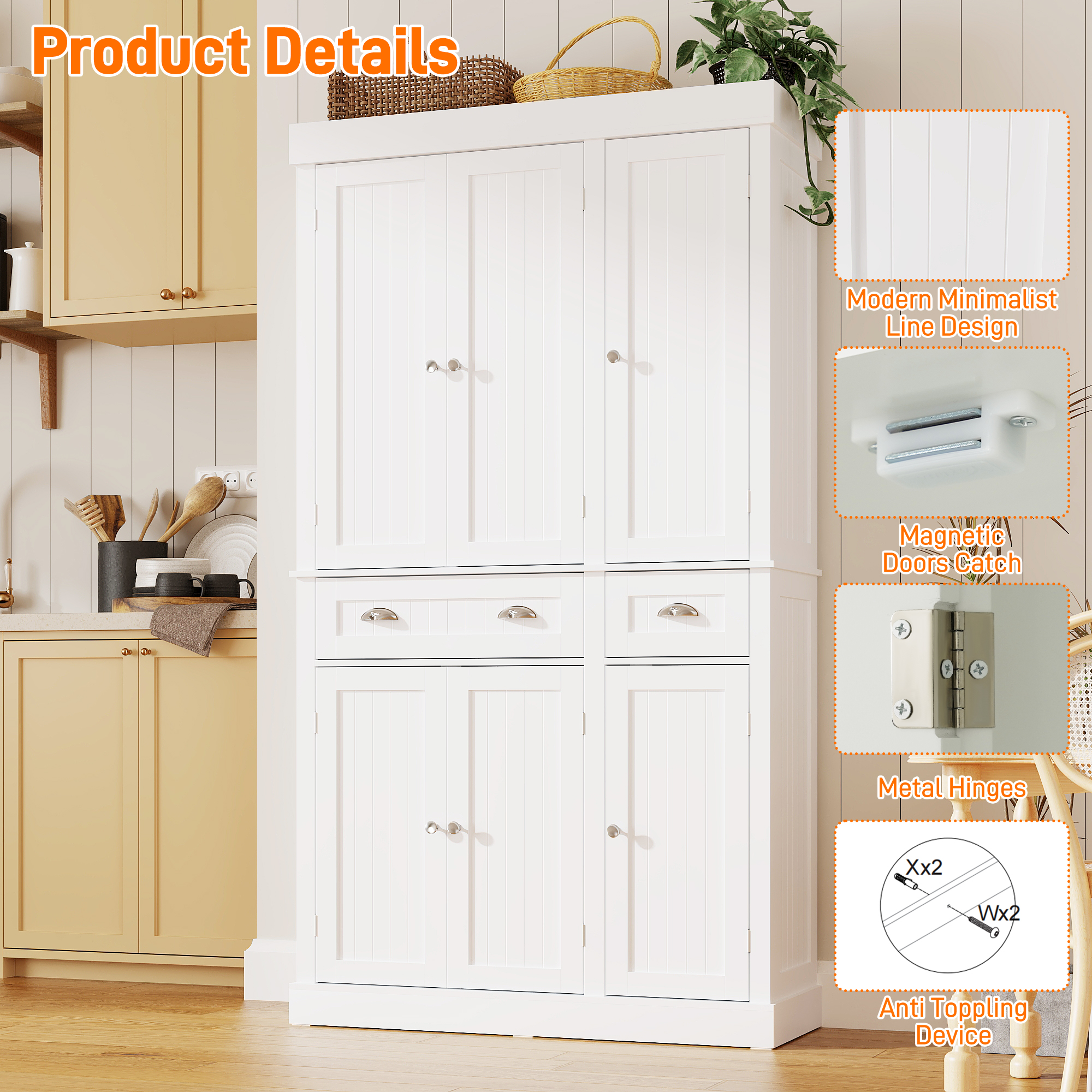 White Kitchen Pantry with 6 Door, and 2 Drawers, 72" Tall Cabinet with Adjustable Shelves, Freestanding Tall Cupboard Storage Cabinet