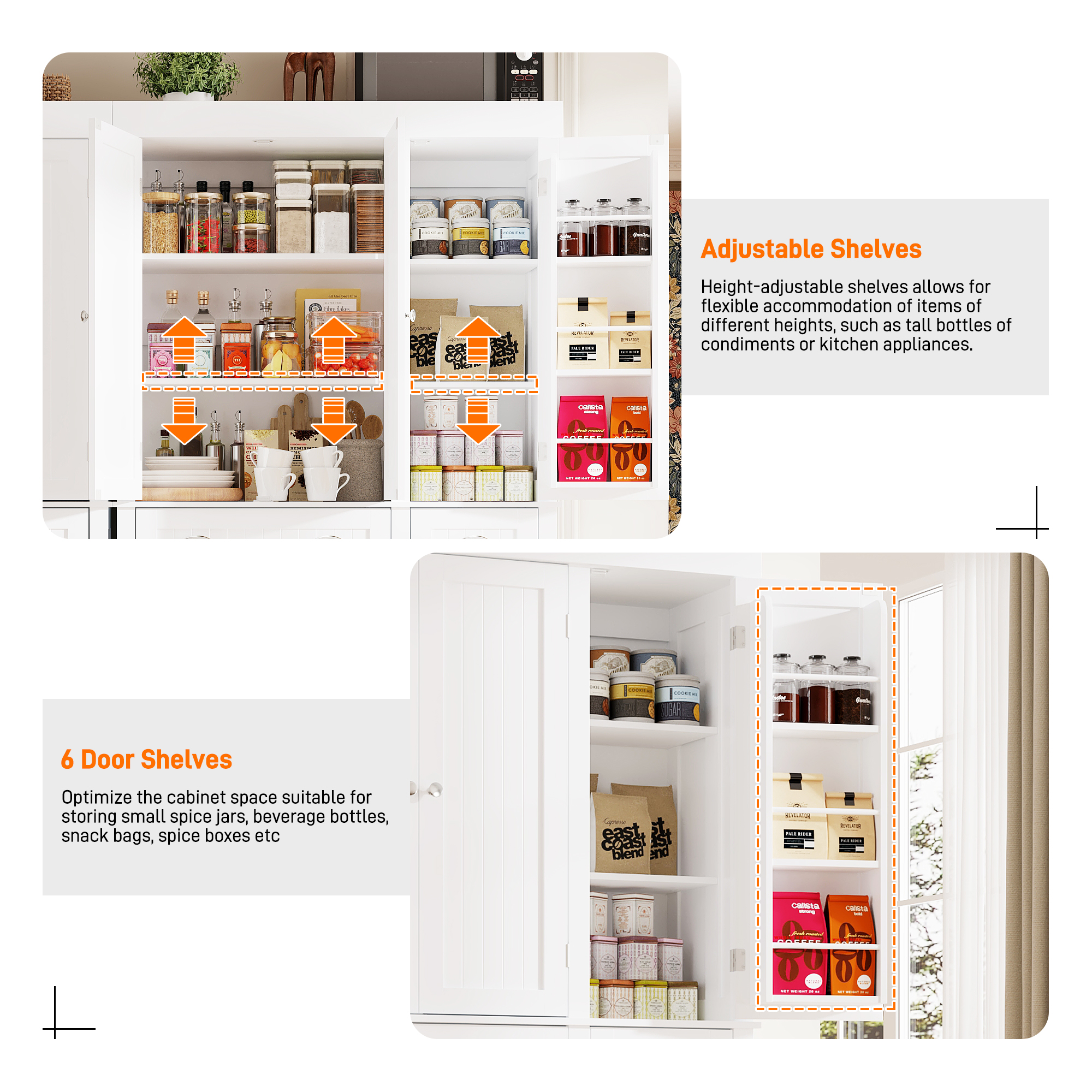 White Kitchen Pantry with 6 Door, and 2 Drawers, 72" Tall Cabinet with Adjustable Shelves, Freestanding Tall Cupboard Storage Cabinet