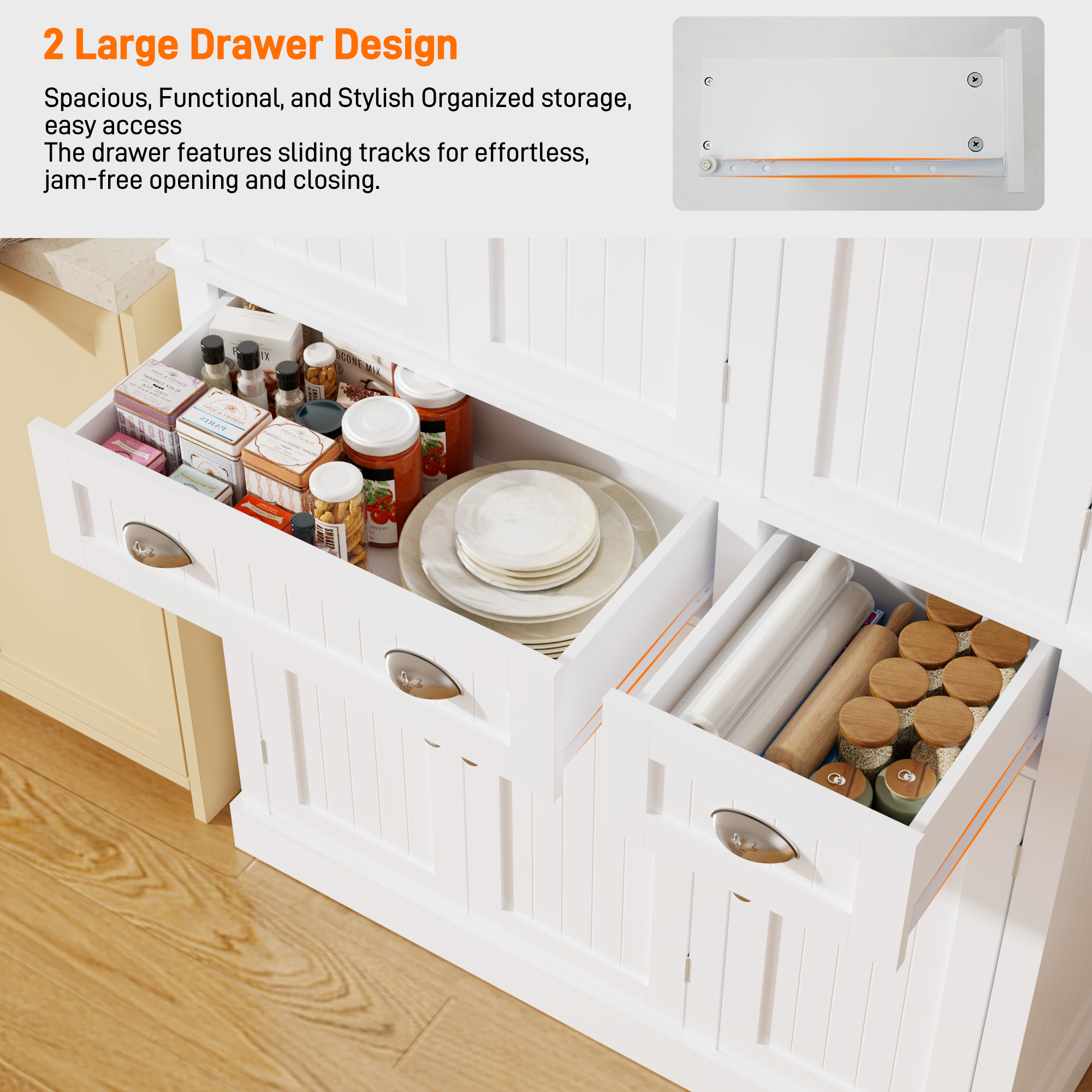 White Kitchen Pantry with 6 Door, and 2 Drawers, 72" Tall Cabinet with Adjustable Shelves, Freestanding Tall Cupboard Storage Cabinet