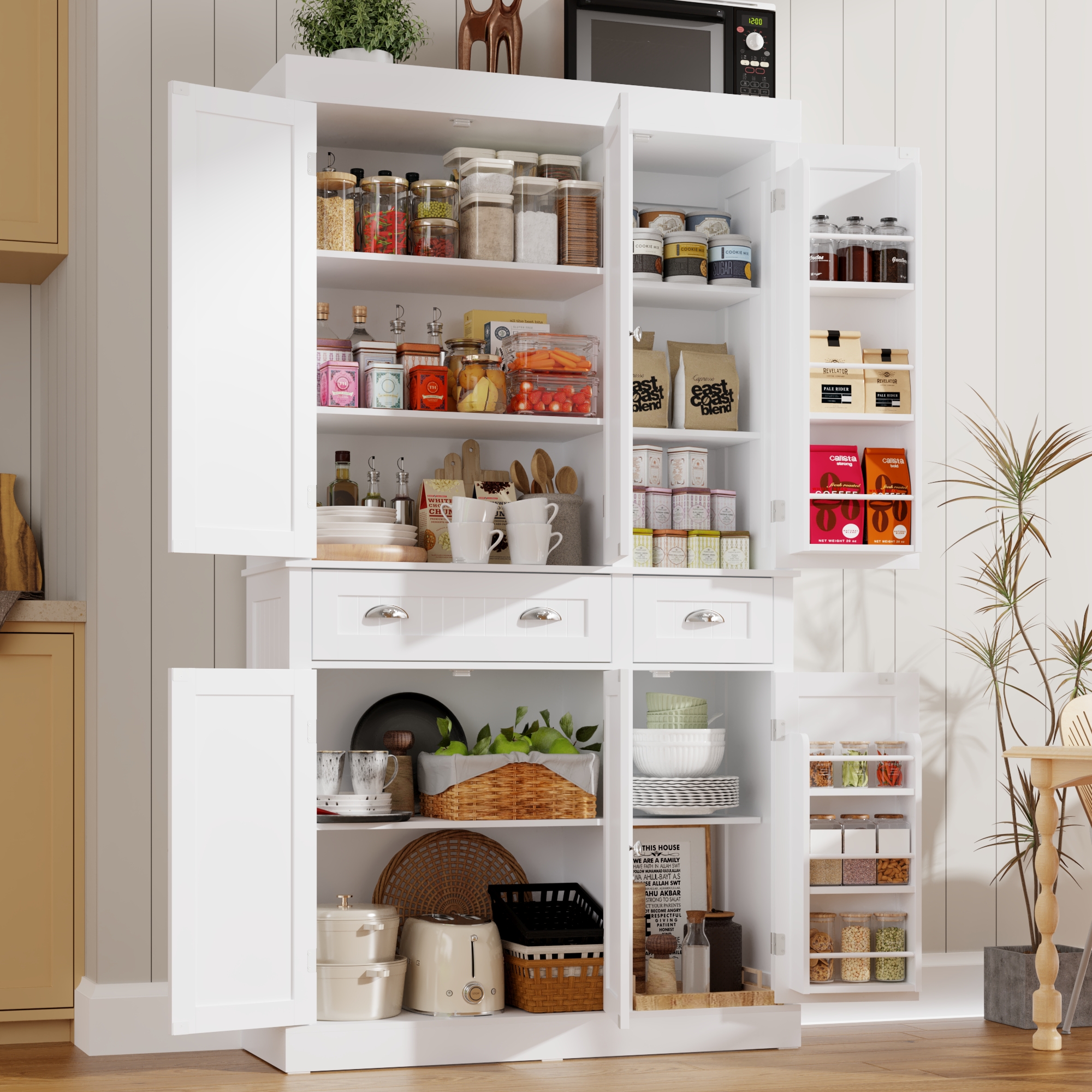 White Kitchen Pantry with 6 Door, and 2 Drawers, 72" Tall Cabinet with Adjustable Shelves, Freestanding Tall Cupboard Storage Cabinet