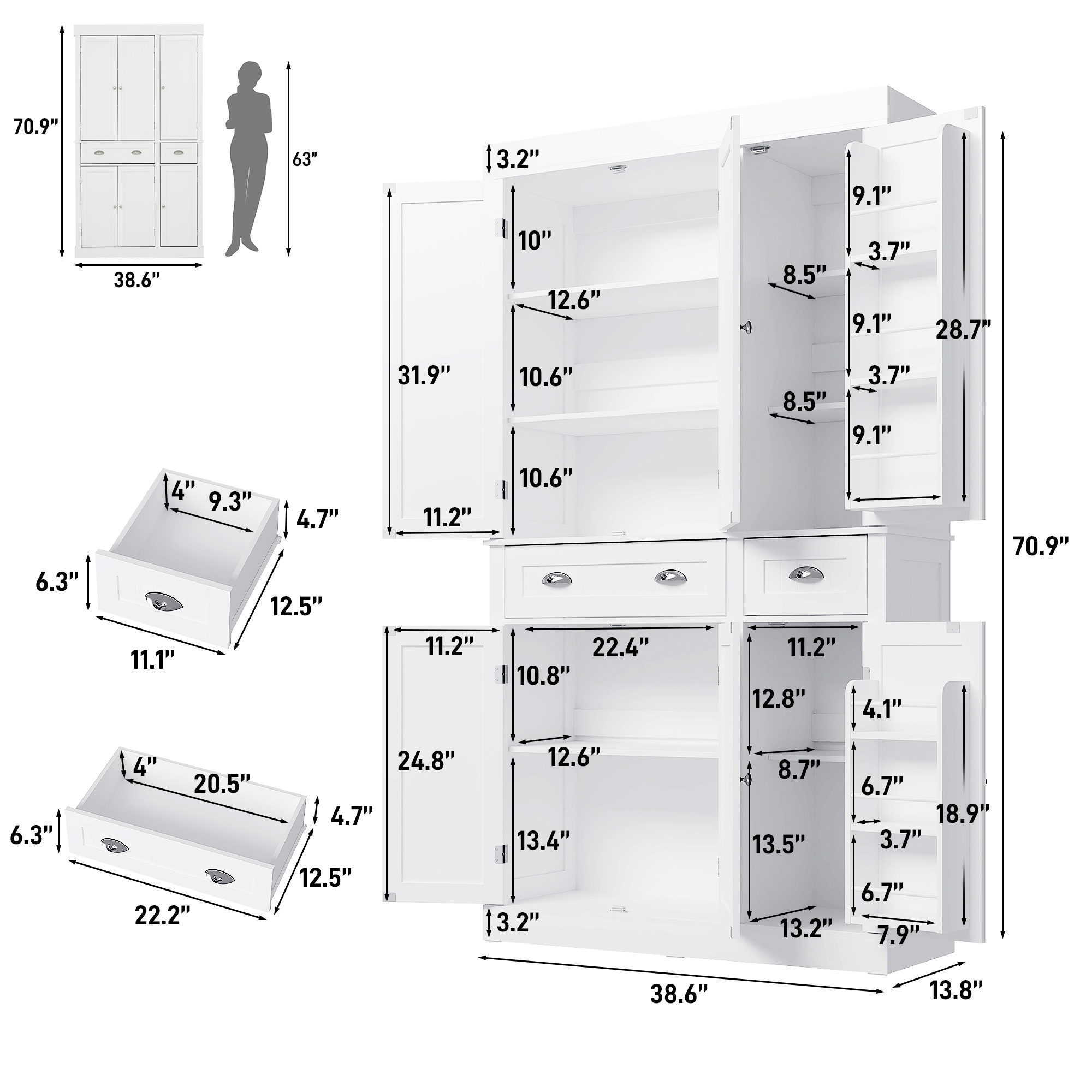 White Kitchen Pantry with 6 Door, and 2 Drawers, 72" Tall Cabinet with Adjustable Shelves, Freestanding Tall Cupboard Storage Cabinet