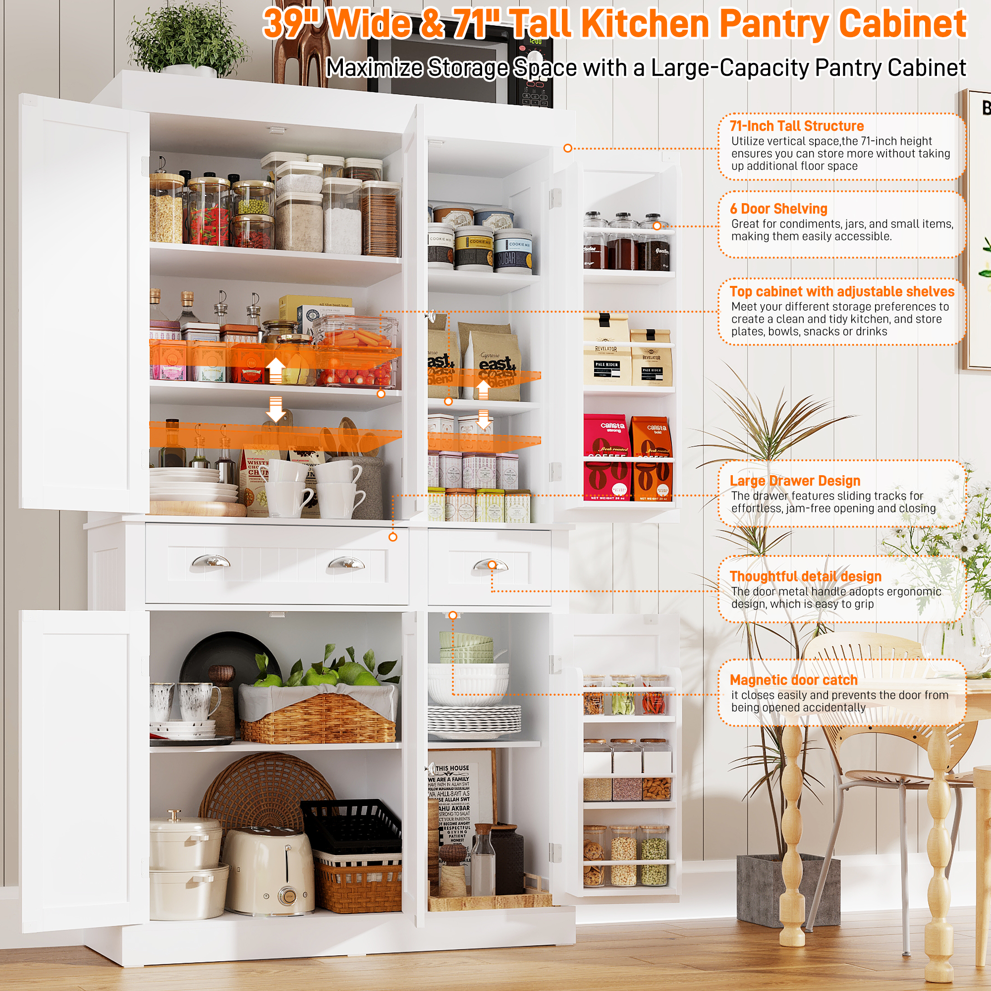 White Kitchen Pantry with 6 Door, and 2 Drawers, 72" Tall Cabinet with Adjustable Shelves, Freestanding Tall Cupboard Storage Cabinet