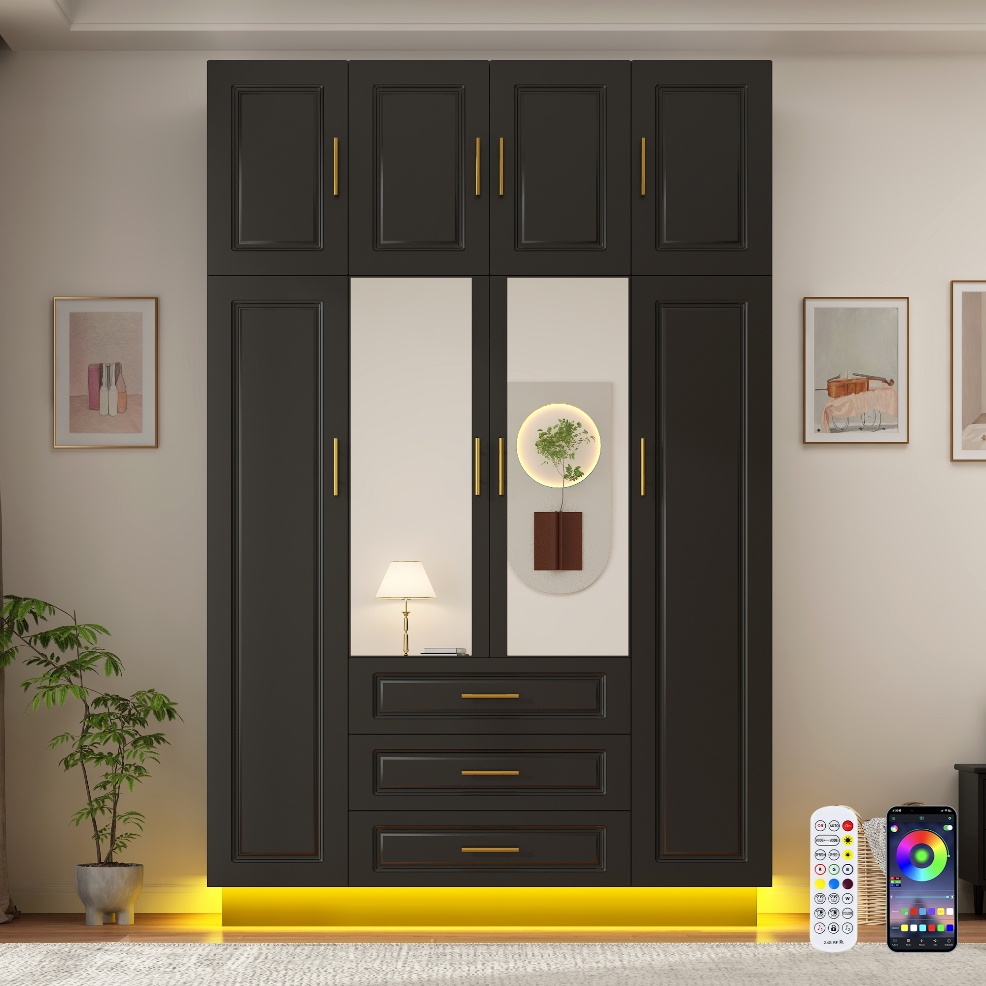 ChVans 4 Door Armoire Wardrobe Closet with Top Cabinet and Mirror, 90.6'' LED Wardrobe Armoire with 3 Drawers, Hanging Rod & Multi-Layer Shelves for Bedroom, Black