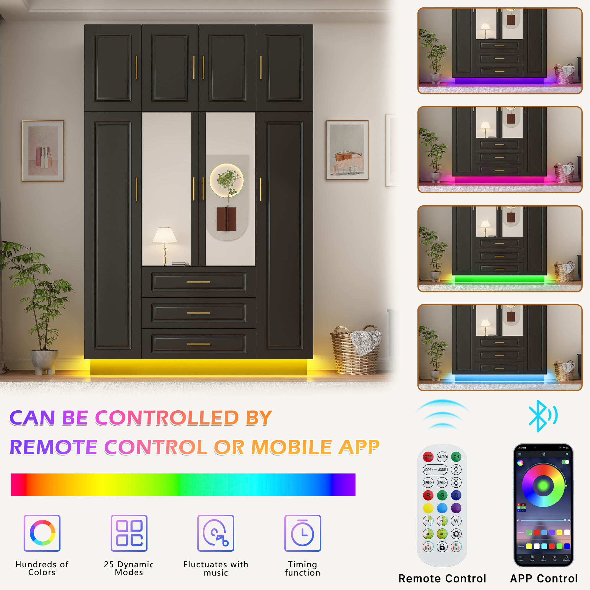 ChVans 4 Door Armoire Wardrobe Closet with Top Cabinet and Mirror, 90.6'' LED Wardrobe Armoire with 3 Drawers, Hanging Rod & Multi-Layer Shelves for Bedroom, Black