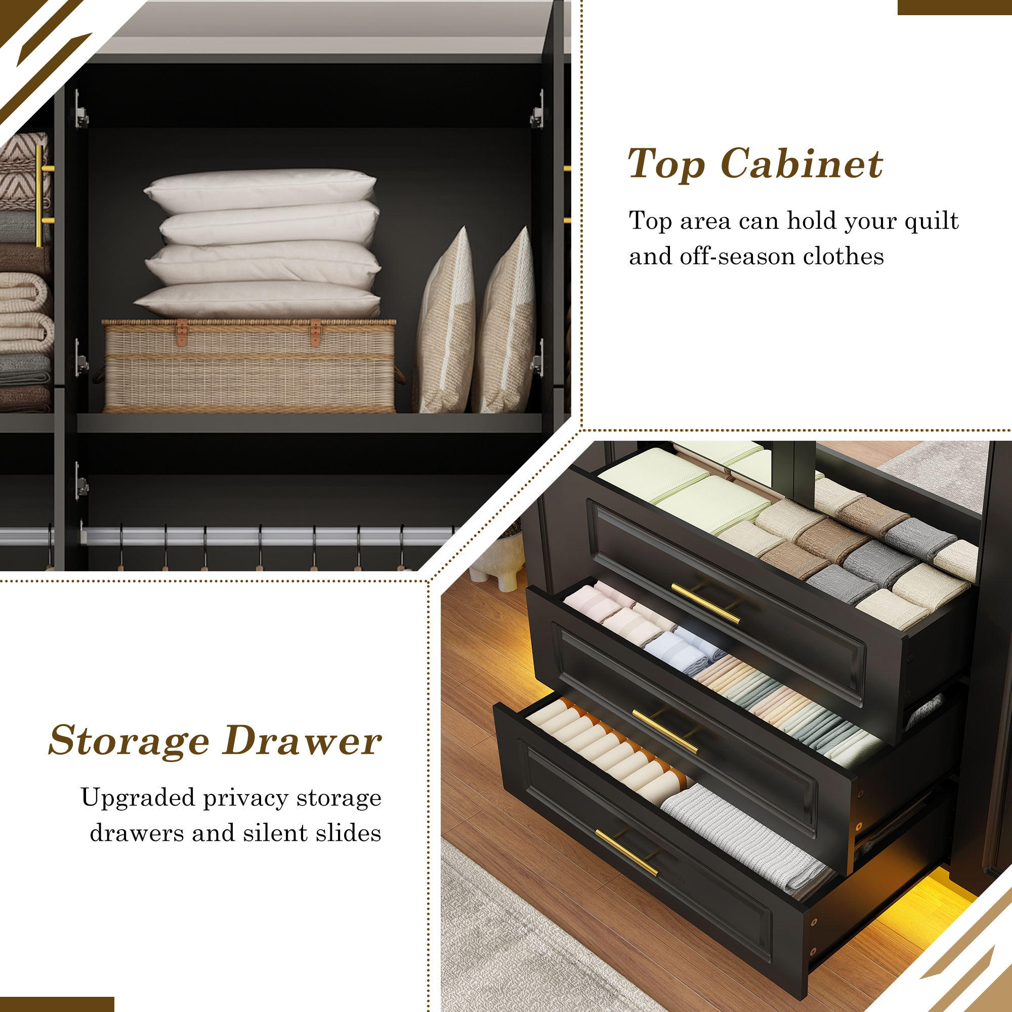 ChVans 4 Door Armoire Wardrobe Closet with Top Cabinet and Mirror, 90.6'' LED Wardrobe Armoire with 3 Drawers, Hanging Rod & Multi-Layer Shelves for Bedroom, Black