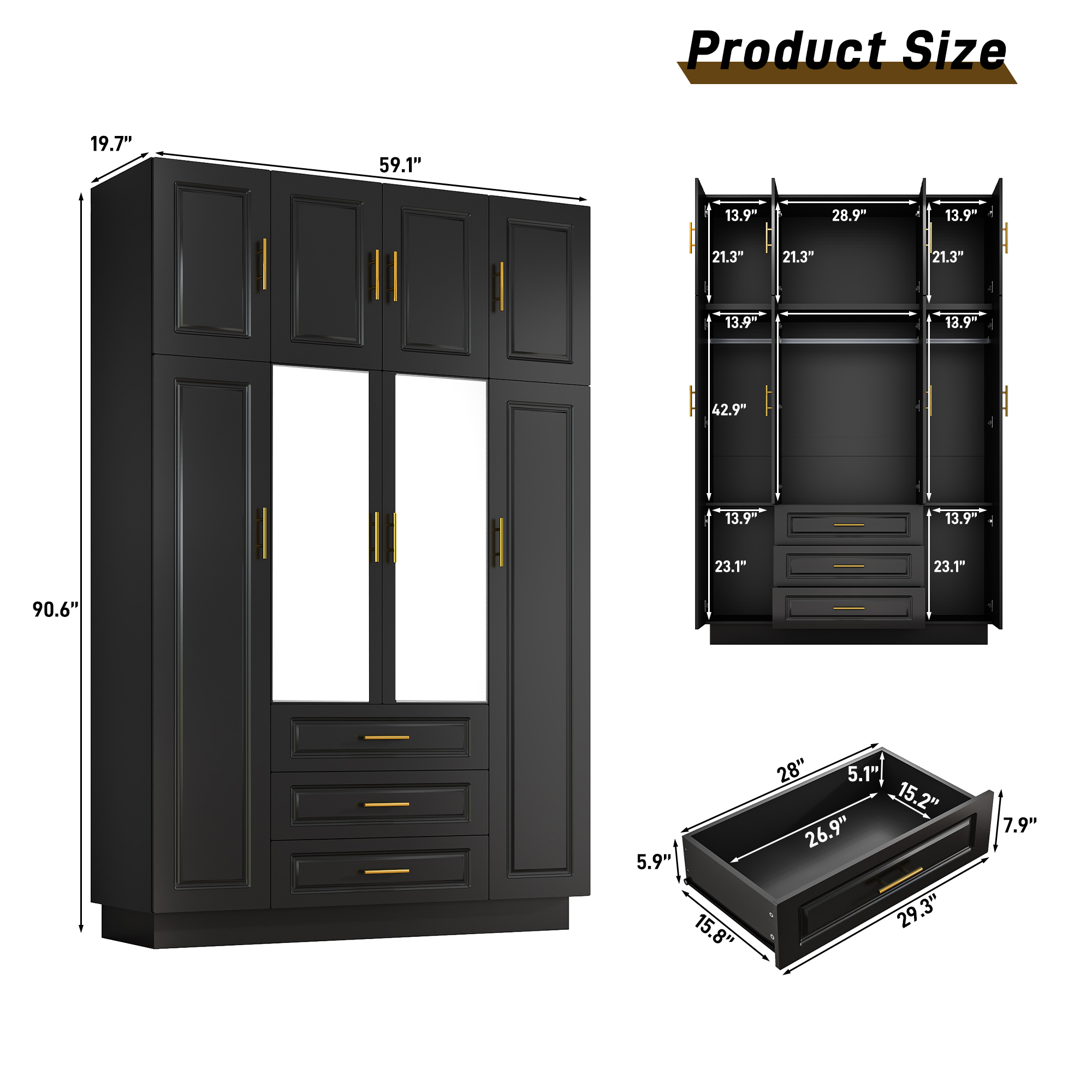 ChVans 4 Door Armoire Wardrobe Closet with Top Cabinet and Mirror, 90.6'' LED Wardrobe Armoire with 3 Drawers, Hanging Rod & Multi-Layer Shelves for Bedroom, Black