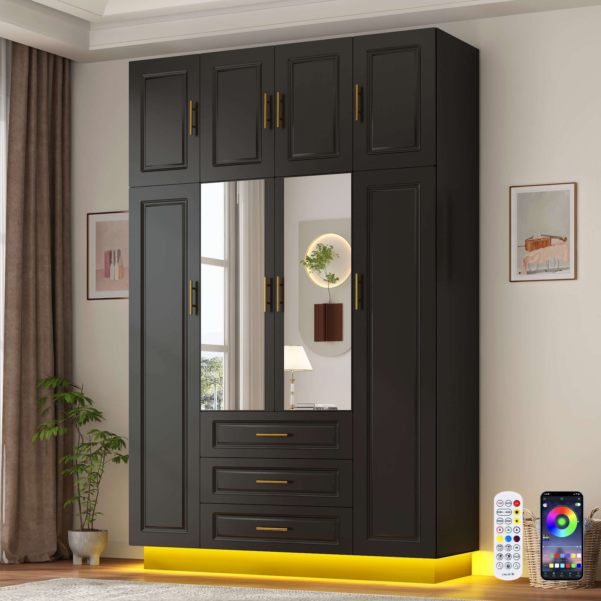 ChVans 4 Door Armoire Wardrobe Closet with Top Cabinet and Mirror, 90.6'' LED Wardrobe Armoire with 3 Drawers, Hanging Rod & Multi-Layer Shelves for Bedroom, Black