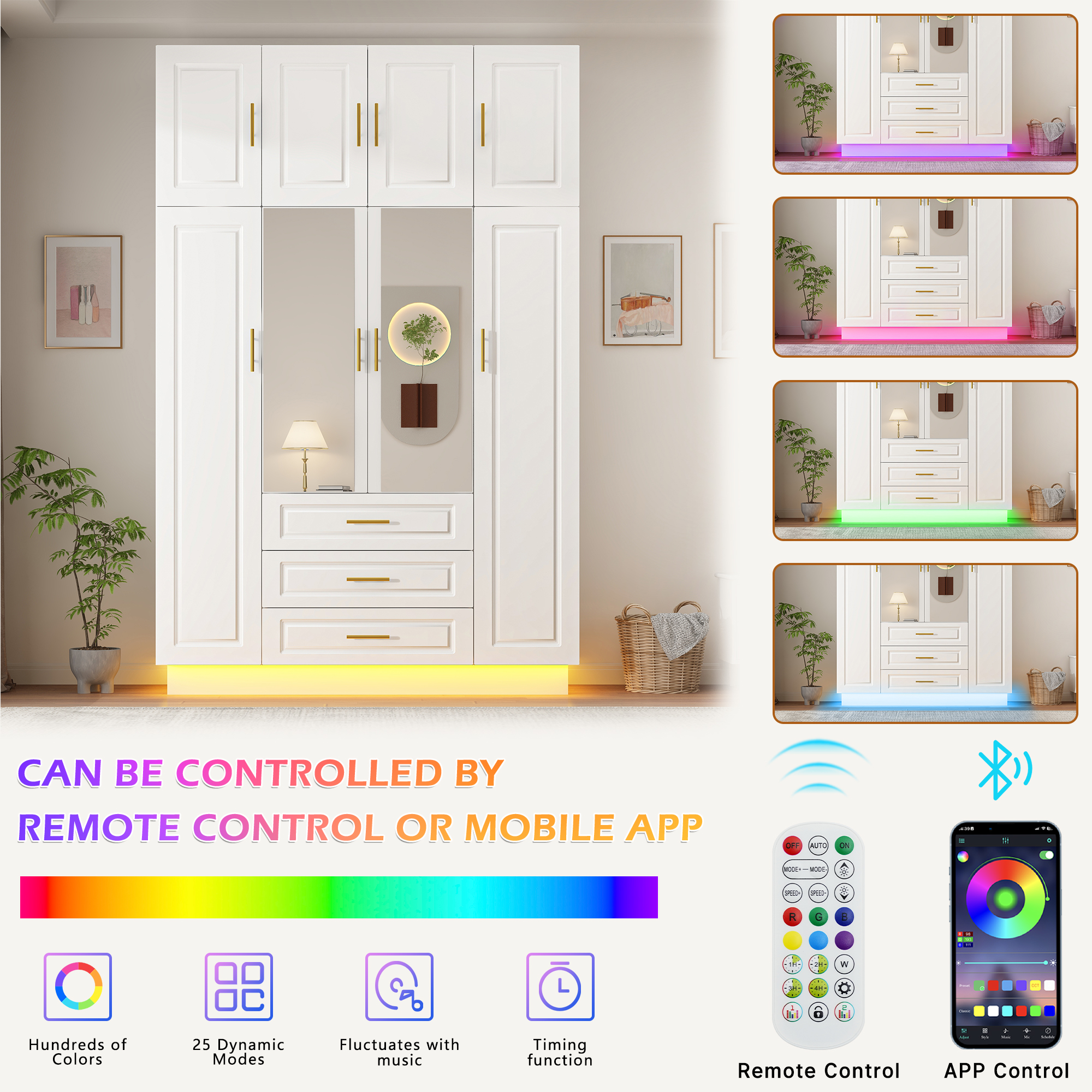 ChVans 4 Door Armoire Wardrobe Closet with Top Cabinet and Mirror, 90.6'' LED Wardrobe Armoire with 3 Drawers, Hanging Rod & Multi-Layer Shelves for Bedroom, White