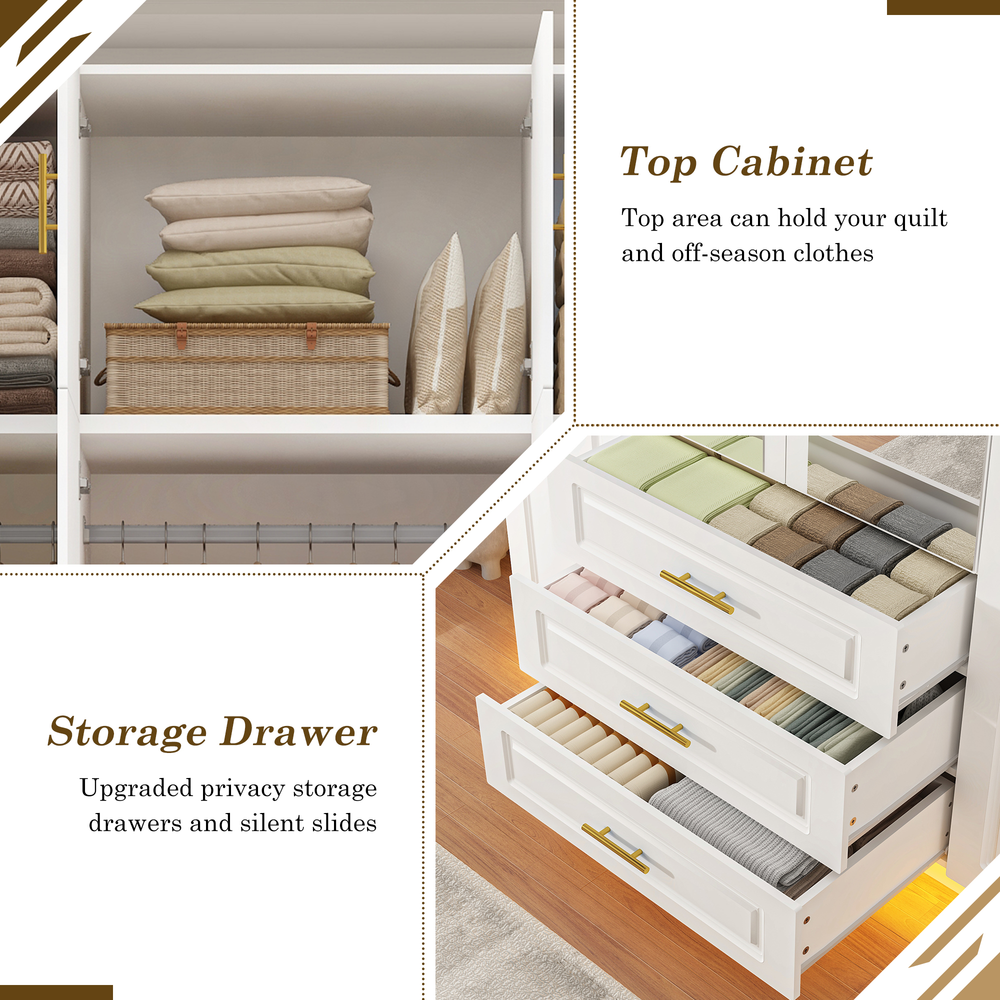 ChVans 4 Door Armoire Wardrobe Closet with Top Cabinet and Mirror, 90.6'' LED Wardrobe Armoire with 3 Drawers, Hanging Rod & Multi-Layer Shelves for Bedroom, White