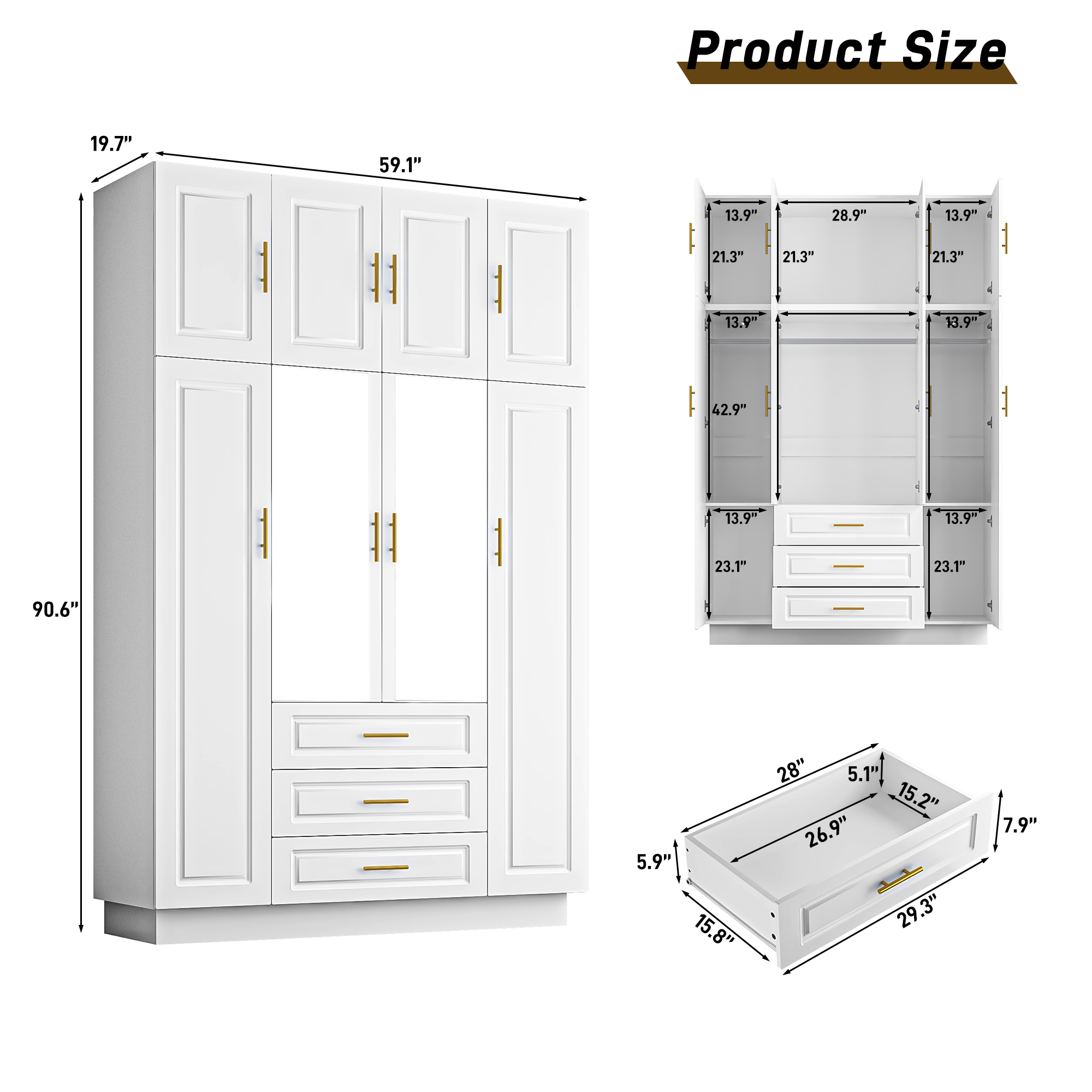 ChVans 4 Door Armoire Wardrobe Closet with Top Cabinet and Mirror, 90.6'' LED Wardrobe Armoire with 3 Drawers, Hanging Rod & Multi-Layer Shelves for Bedroom, White