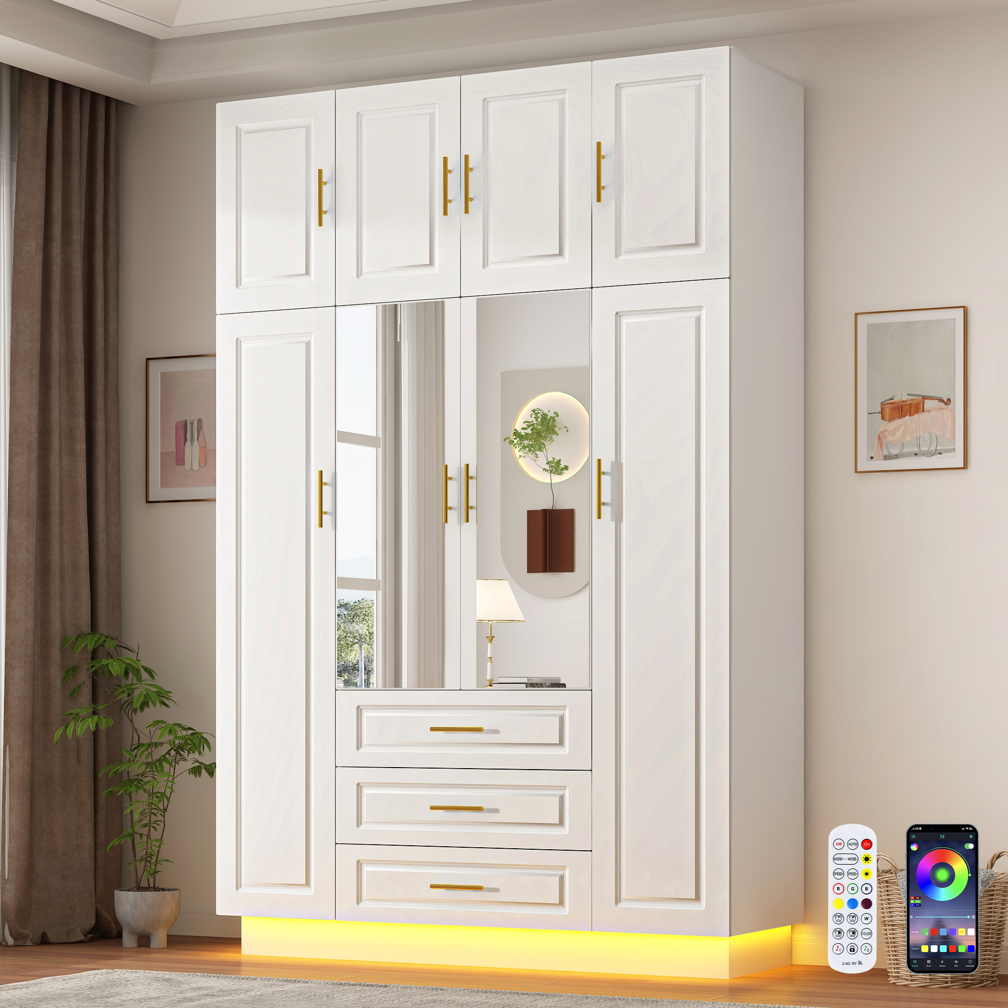 ChVans 4 Door Armoire Wardrobe Closet with Top Cabinet and Mirror, 90.6'' LED Wardrobe Armoire with 3 Drawers, Hanging Rod & Multi-Layer Shelves for Bedroom, White