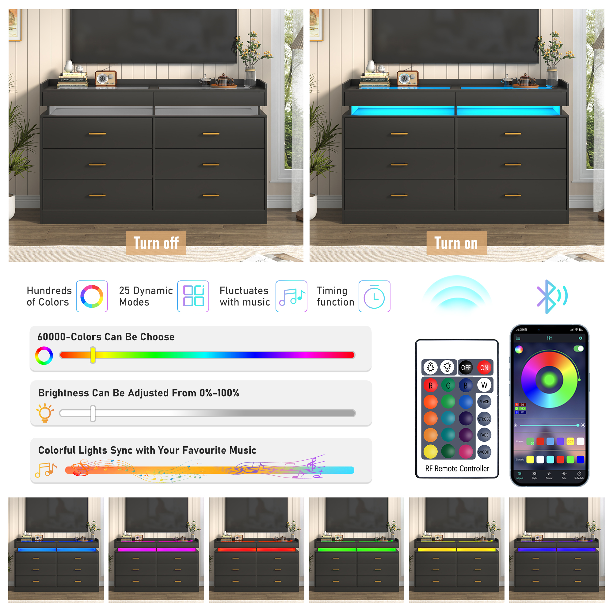 ChVans 6 Drawer Dresser for Bedroom with LED Lights and Charging Station, 59" Wide Chest of Drawers with Glass Top & 2 Grid Drawer, White Dresser with Jewelry Drawer for Hallway, Living Room