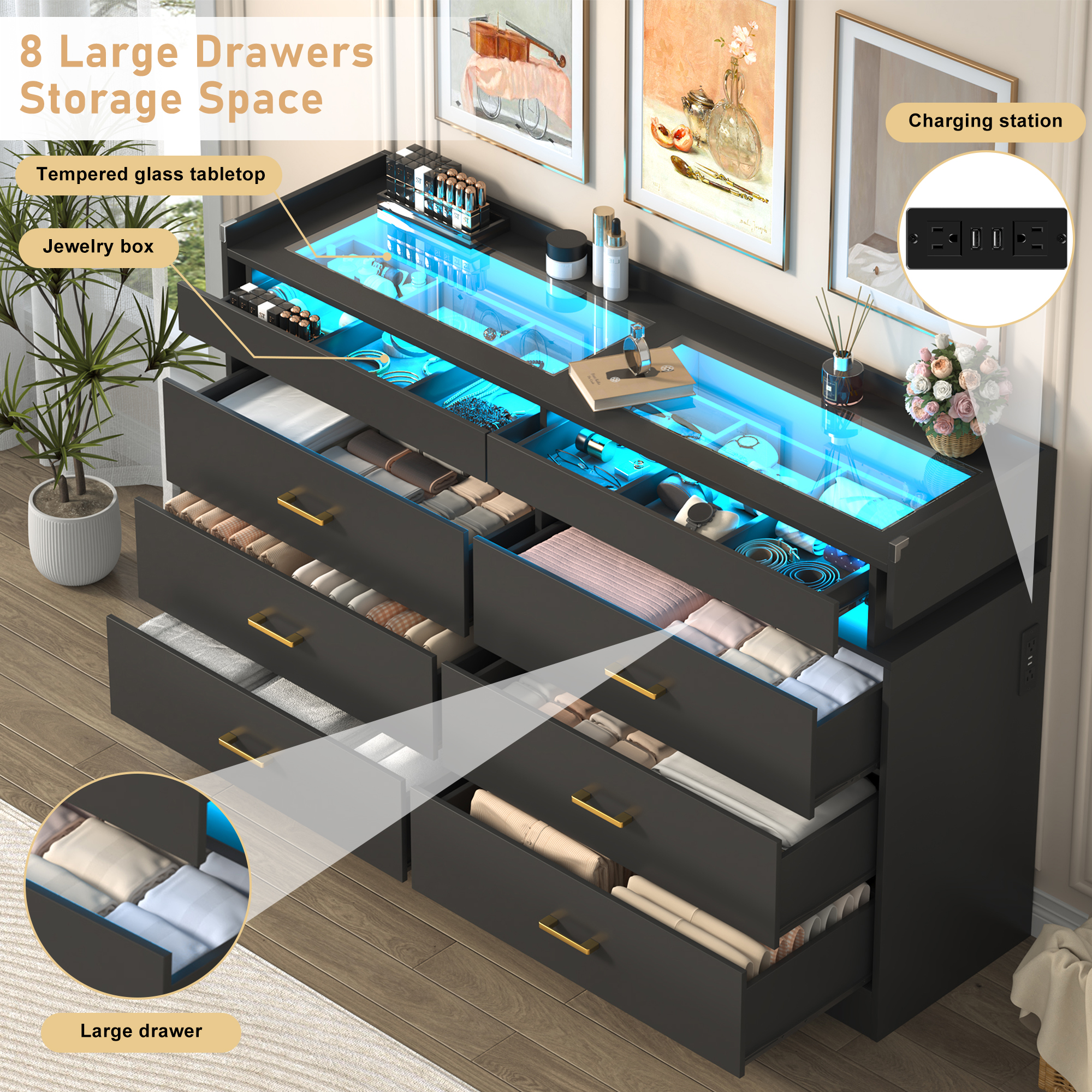 ChVans 6 Drawer Dresser for Bedroom with LED Lights and Charging Station, 59" Wide Chest of Drawers with Glass Top & 2 Grid Drawer, White Dresser with Jewelry Drawer for Hallway, Living Room