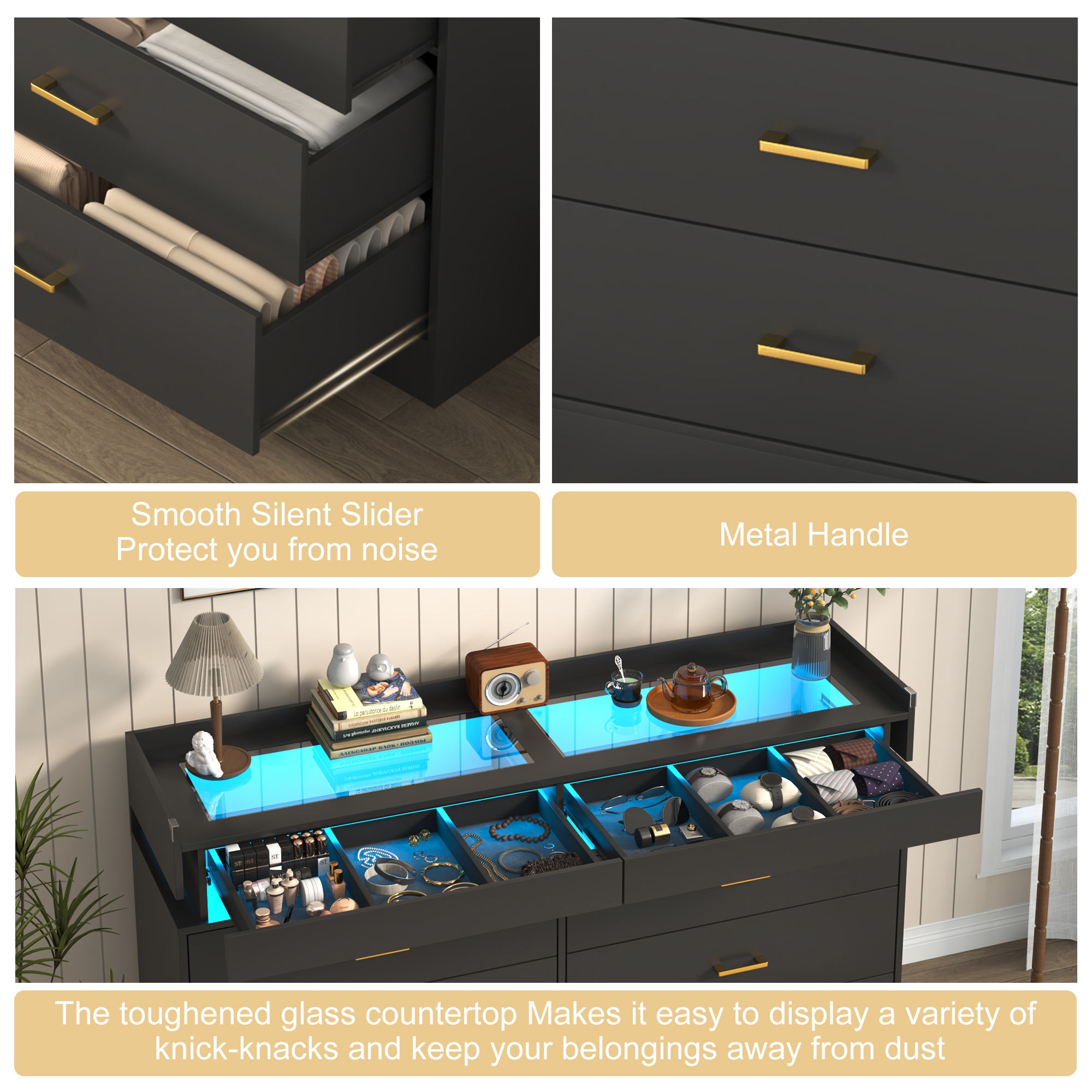 ChVans 6 Drawer Dresser for Bedroom with LED Lights and Charging Station, 59" Wide Chest of Drawers with Glass Top & 2 Grid Drawer, White Dresser with Jewelry Drawer for Hallway, Living Room