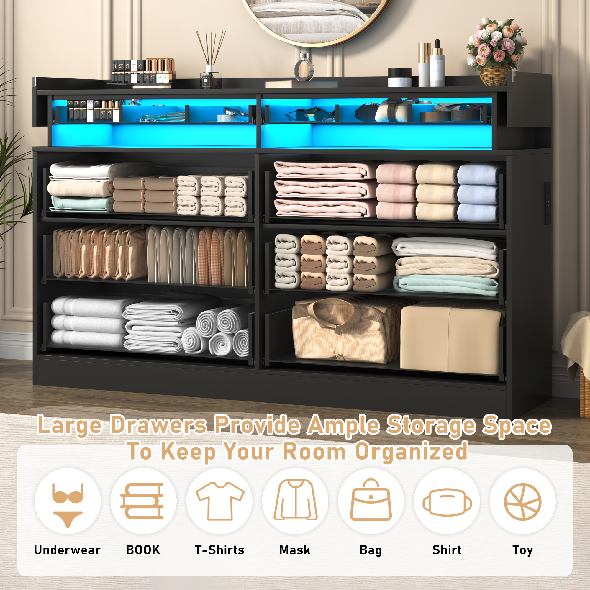 ChVans 6 Drawer Dresser for Bedroom with LED Lights and Charging Station, 59" Wide Chest of Drawers with Glass Top & 2 Grid Drawer, White Dresser with Jewelry Drawer for Hallway, Living Room