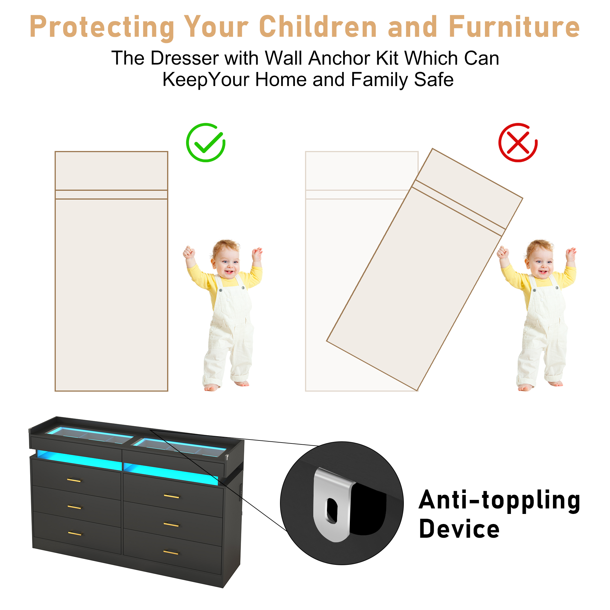 ChVans 6 Drawer Dresser for Bedroom with LED Lights and Charging Station, 59" Wide Chest of Drawers with Glass Top & 2 Grid Drawer, White Dresser with Jewelry Drawer for Hallway, Living Room