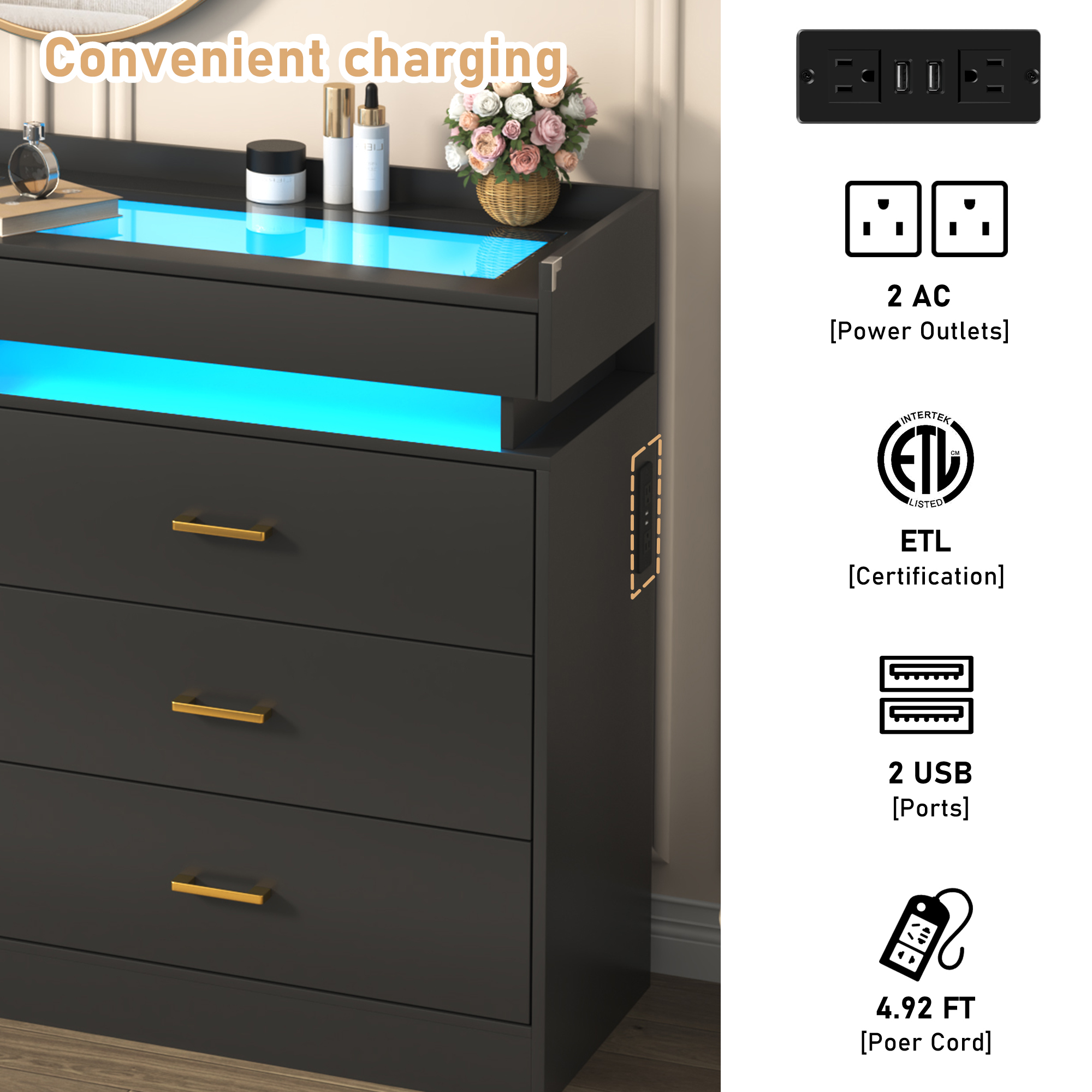 ChVans 6 Drawer Dresser for Bedroom with LED Lights and Charging Station, 59" Wide Chest of Drawers with Glass Top & 2 Grid Drawer, White Dresser with Jewelry Drawer for Hallway, Living Room