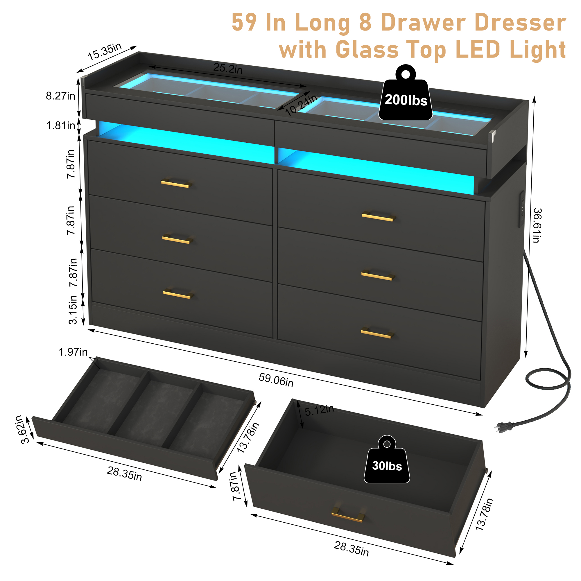 ChVans 6 Drawer Dresser for Bedroom with LED Lights and Charging Station, 59" Wide Chest of Drawers with Glass Top & 2 Grid Drawer, White Dresser with Jewelry Drawer for Hallway, Living Room