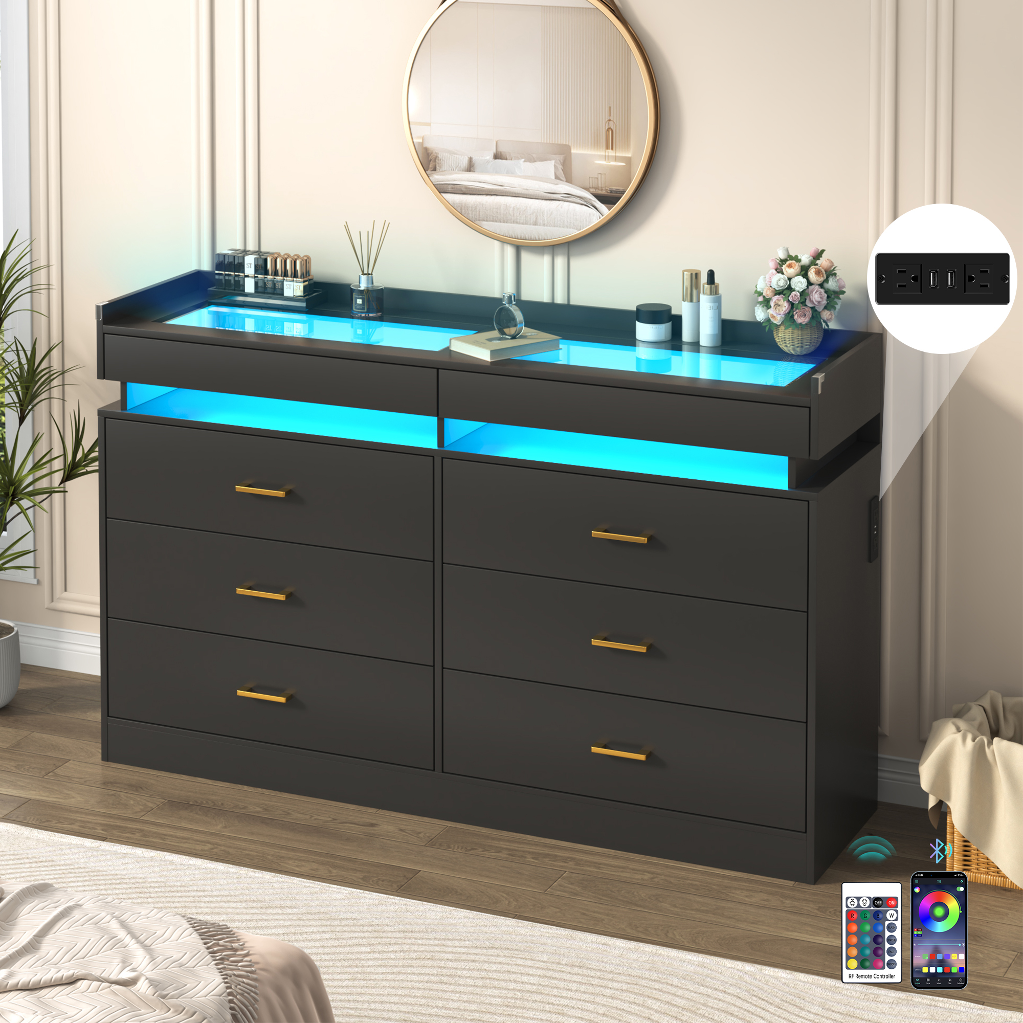 ChVans 6 Drawer Dresser for Bedroom with LED Lights and Charging Station, 59" Wide Chest of Drawers with Glass Top & 2 Grid Drawer, White Dresser with Jewelry Drawer for Hallway, Living Room