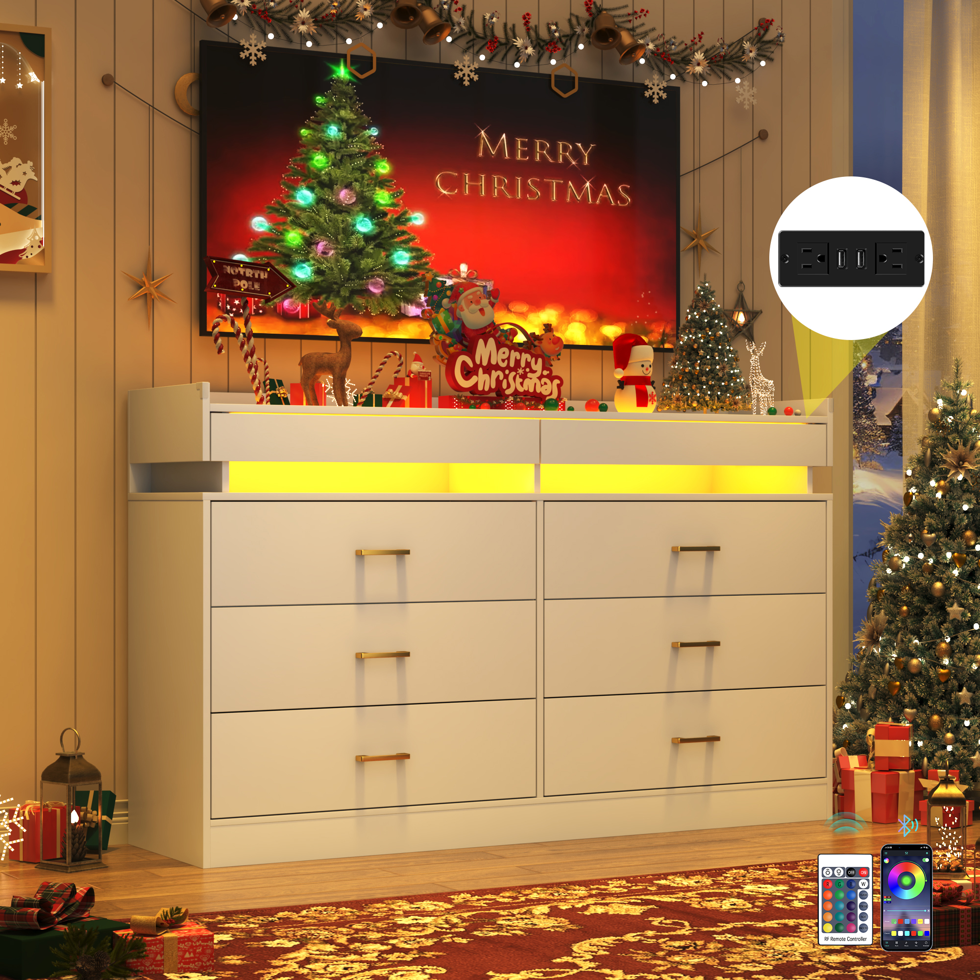 ChVans 6 Drawer Dresser for Bedroom with LED Lights and Charging Station, 59" Wide Chest of Drawers with Glass Top & 2 Grid Drawer, White Dresser with Jewelry Drawer for Hallway, Living Room