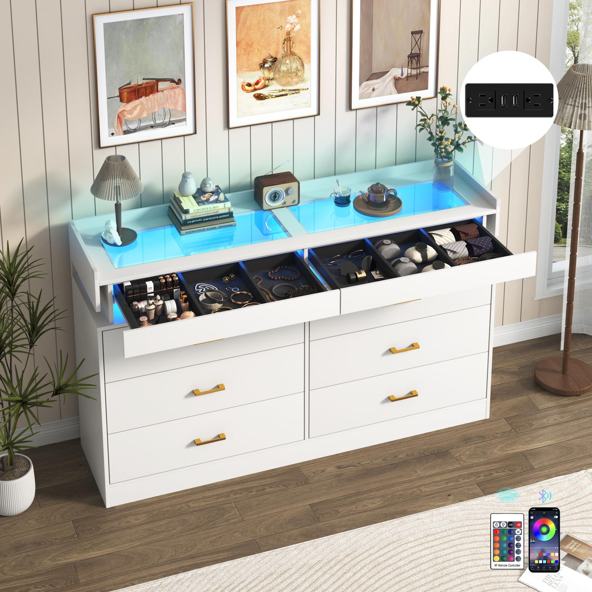 ChVans 6 Drawer Dresser for Bedroom with LED Lights and Charging Station, 59" Wide Chest of Drawers with Glass Top & 2 Grid Drawer, White Dresser with Jewelry Drawer for Hallway, Living Room