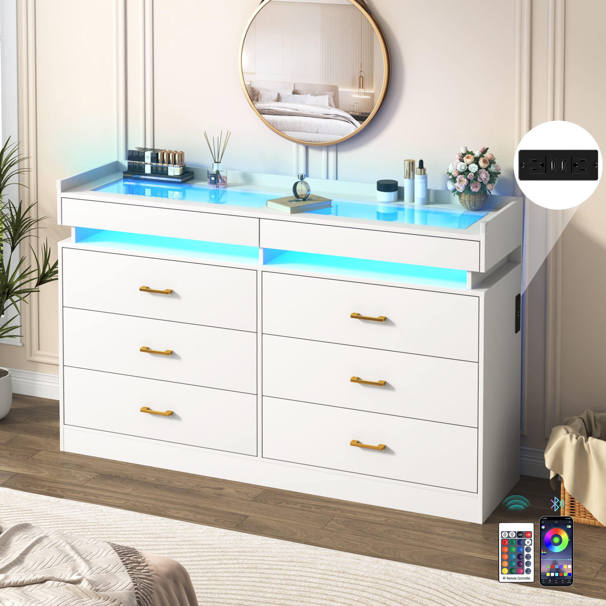 ChVans 6 Drawer Dresser for Bedroom with LED Lights and Charging Station, 59" Wide Chest of Drawers with Glass Top & 2 Grid Drawer, White Dresser with Jewelry Drawer for Hallway, Living Room