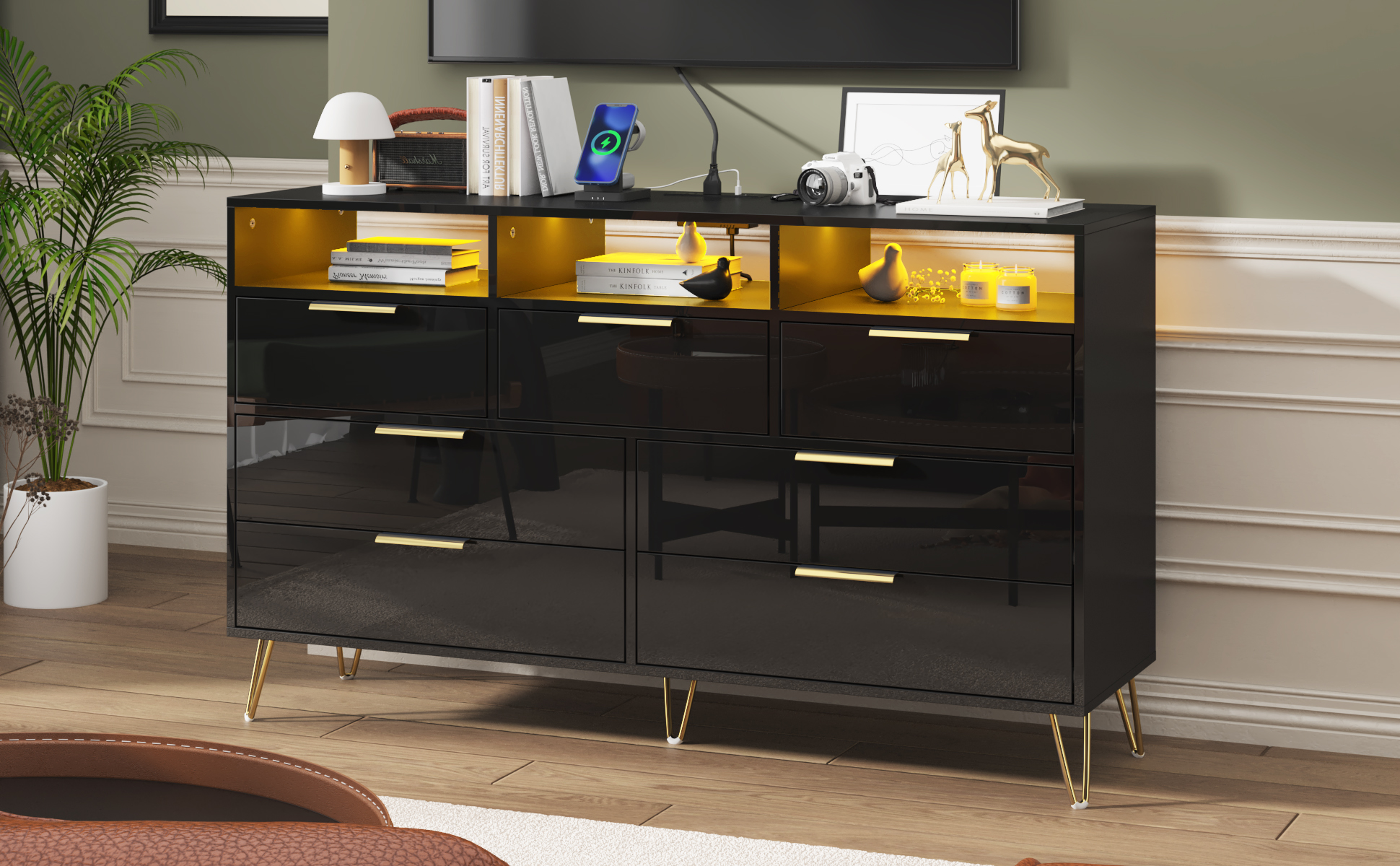 ChVans Black Dresser with LED Lights for Bedroom, Modern Wood Dresser with Wide Drawers and Metal Handles, 6 drawer dresser for Kids Living Room, Bedroom, Hallway