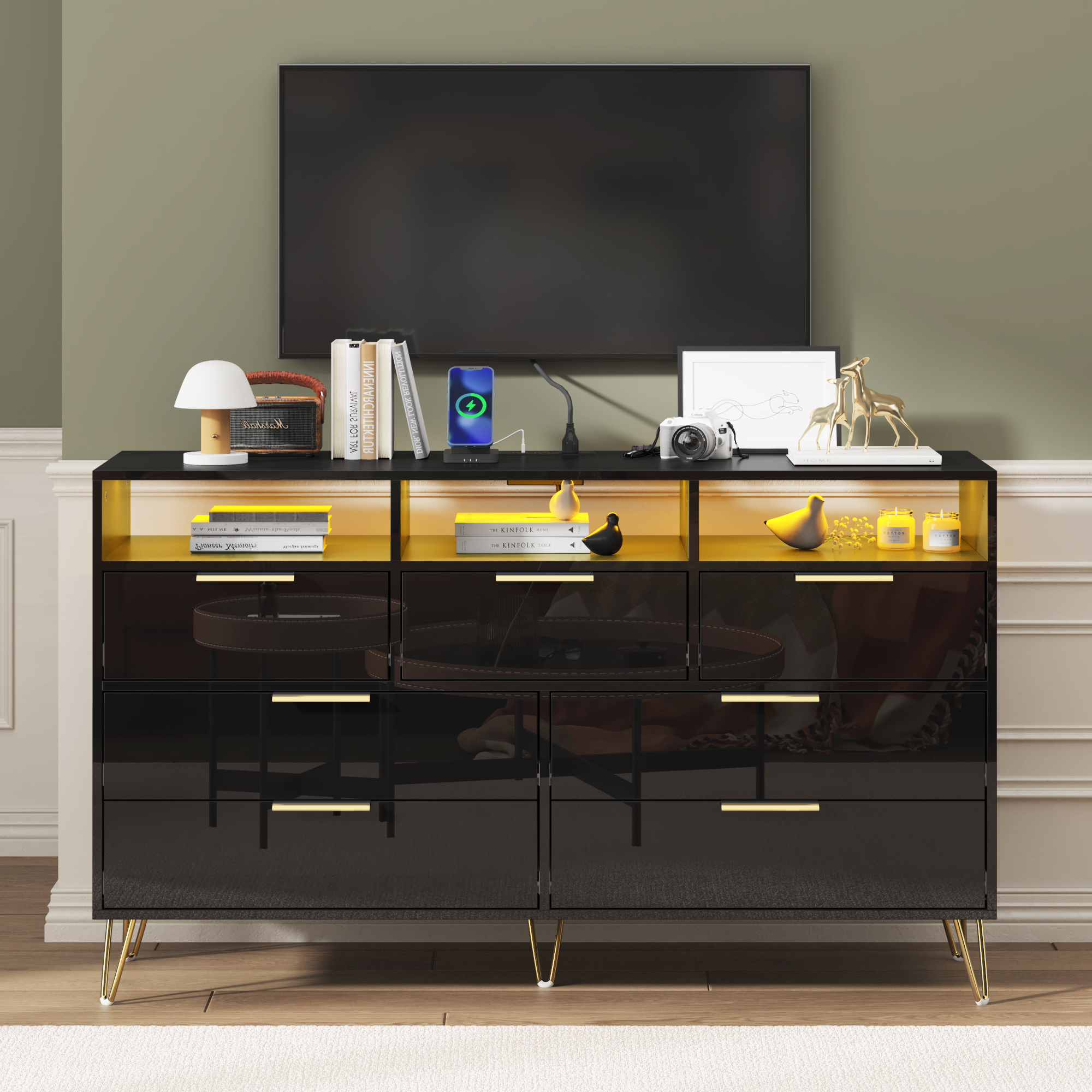 ChVans Black Dresser with LED Lights for Bedroom, Modern Wood Dresser with Wide Drawers and Metal Handles, 6 drawer dresser for Kids Living Room, Bedroom, Hallway