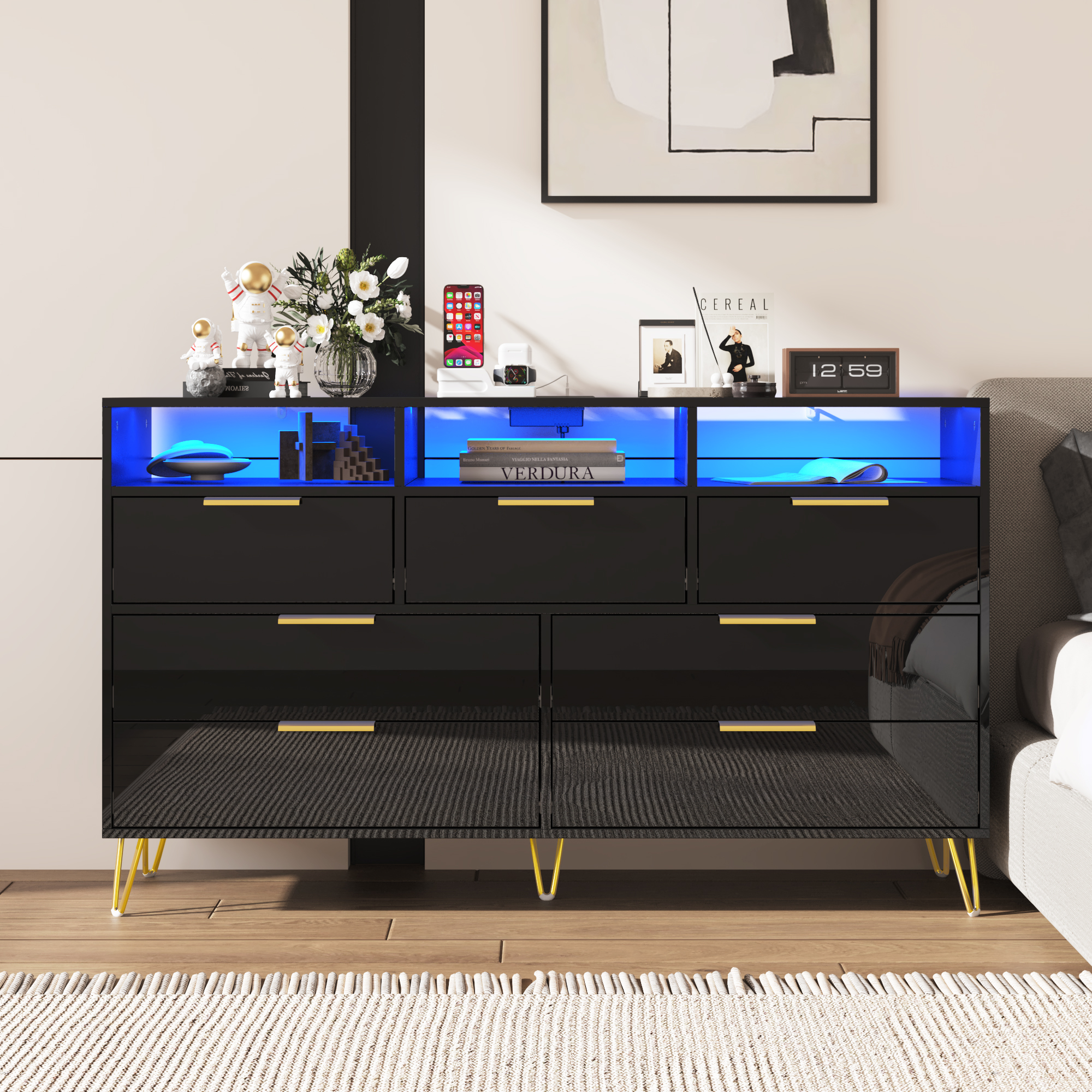 ChVans Black Dresser with LED Lights for Bedroom, Modern Wood Dresser with Wide Drawers and Metal Handles, 6 drawer dresser for Kids Living Room, Bedroom, Hallway