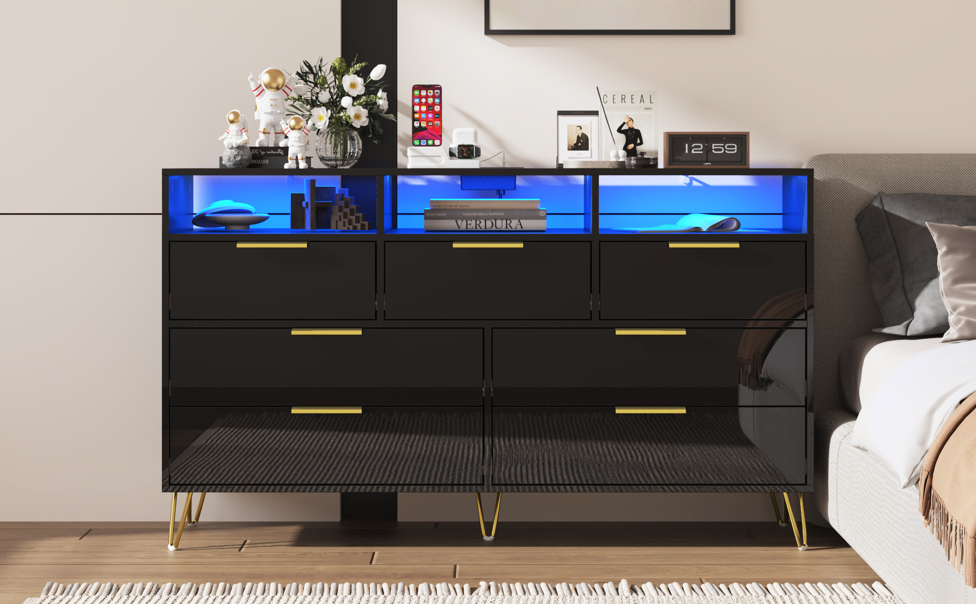 ChVans Black Dresser with LED Lights for Bedroom, Modern Wood Dresser with Wide Drawers and Metal Handles, 6 drawer dresser for Kids Living Room, Bedroom, Hallway