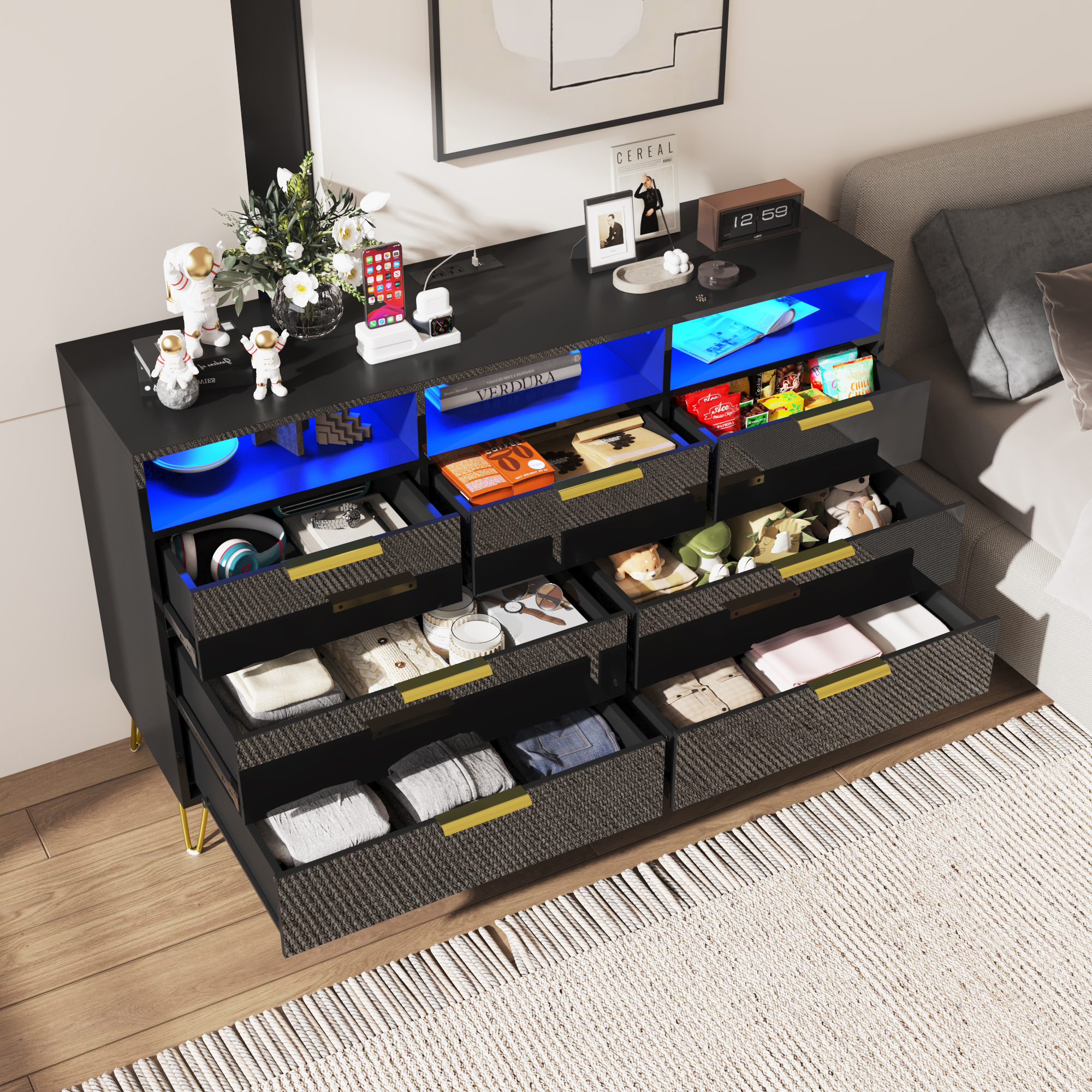 ChVans Black Dresser with LED Lights for Bedroom, Modern Wood Dresser with Wide Drawers and Metal Handles, 6 drawer dresser for Kids Living Room, Bedroom, Hallway