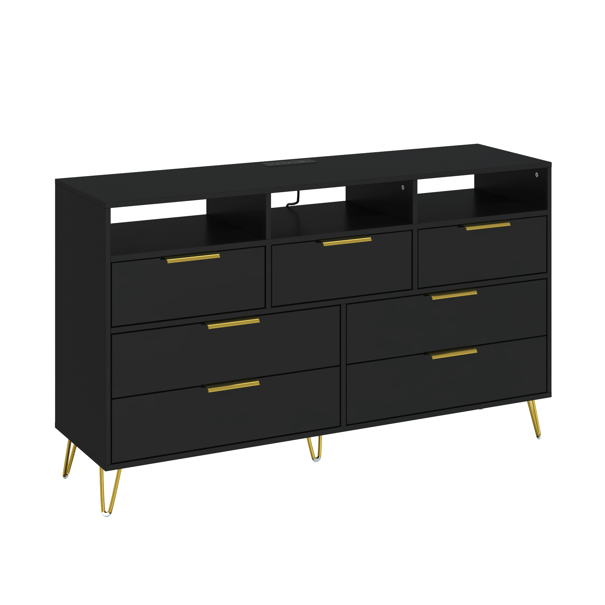 ChVans Black Dresser with LED Lights for Bedroom, Modern Wood Dresser with Wide Drawers and Metal Handles, 6 drawer dresser for Kids Living Room, Bedroom, Hallway