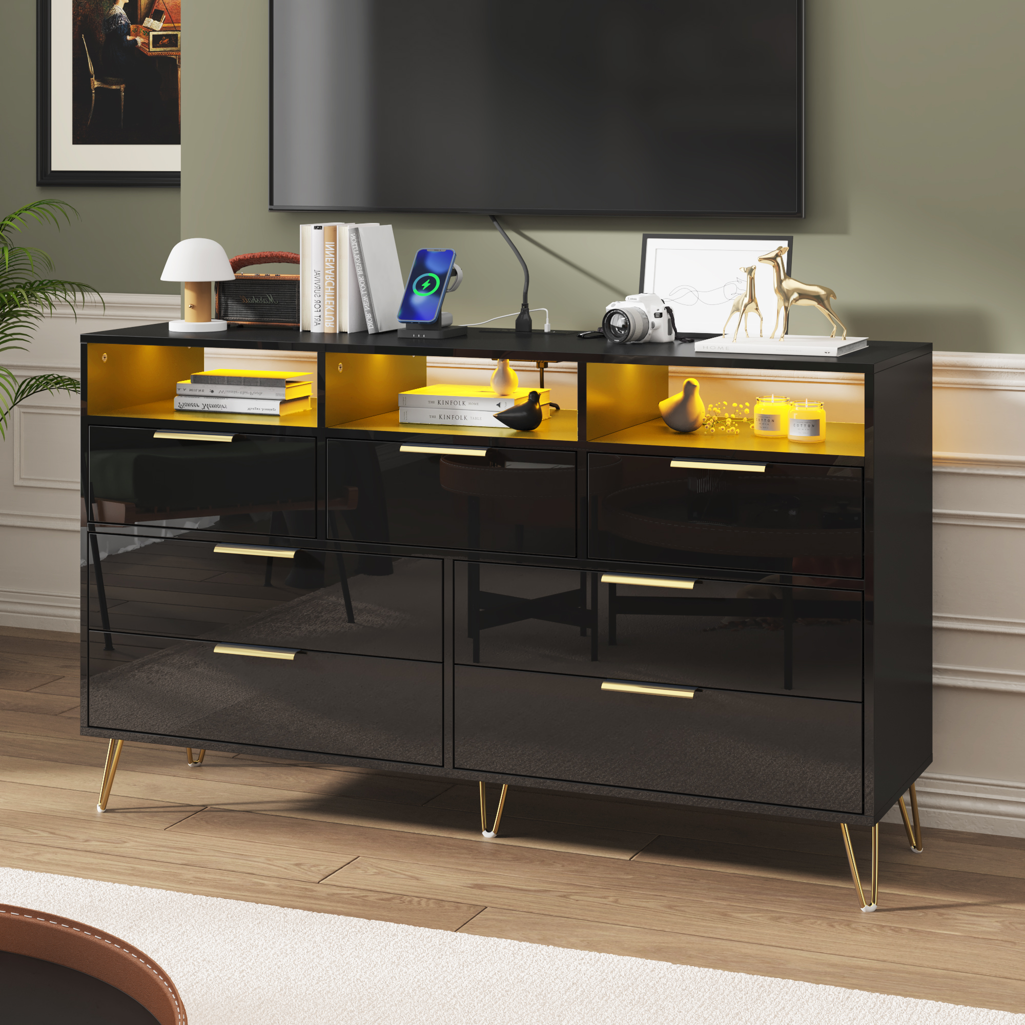 ChVans Black Dresser with LED Lights for Bedroom, Modern Wood Dresser with Wide Drawers and Metal Handles, 6 drawer dresser for Kids Living Room, Bedroom, Hallway