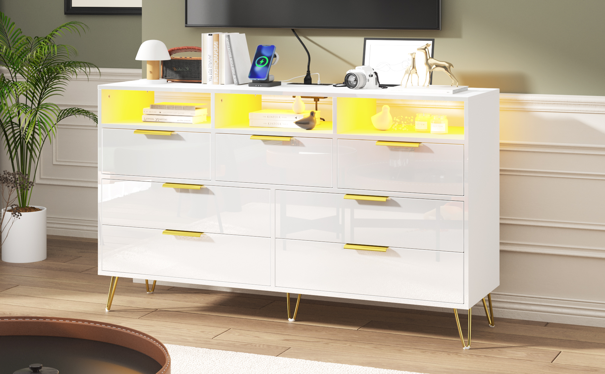 ChVans Black Dresser with LED Lights for Bedroom, Modern Wood Dresser with Wide Drawers and Metal Handles, 6 drawer dresser for Kids Living Room, Bedroom, Hallway