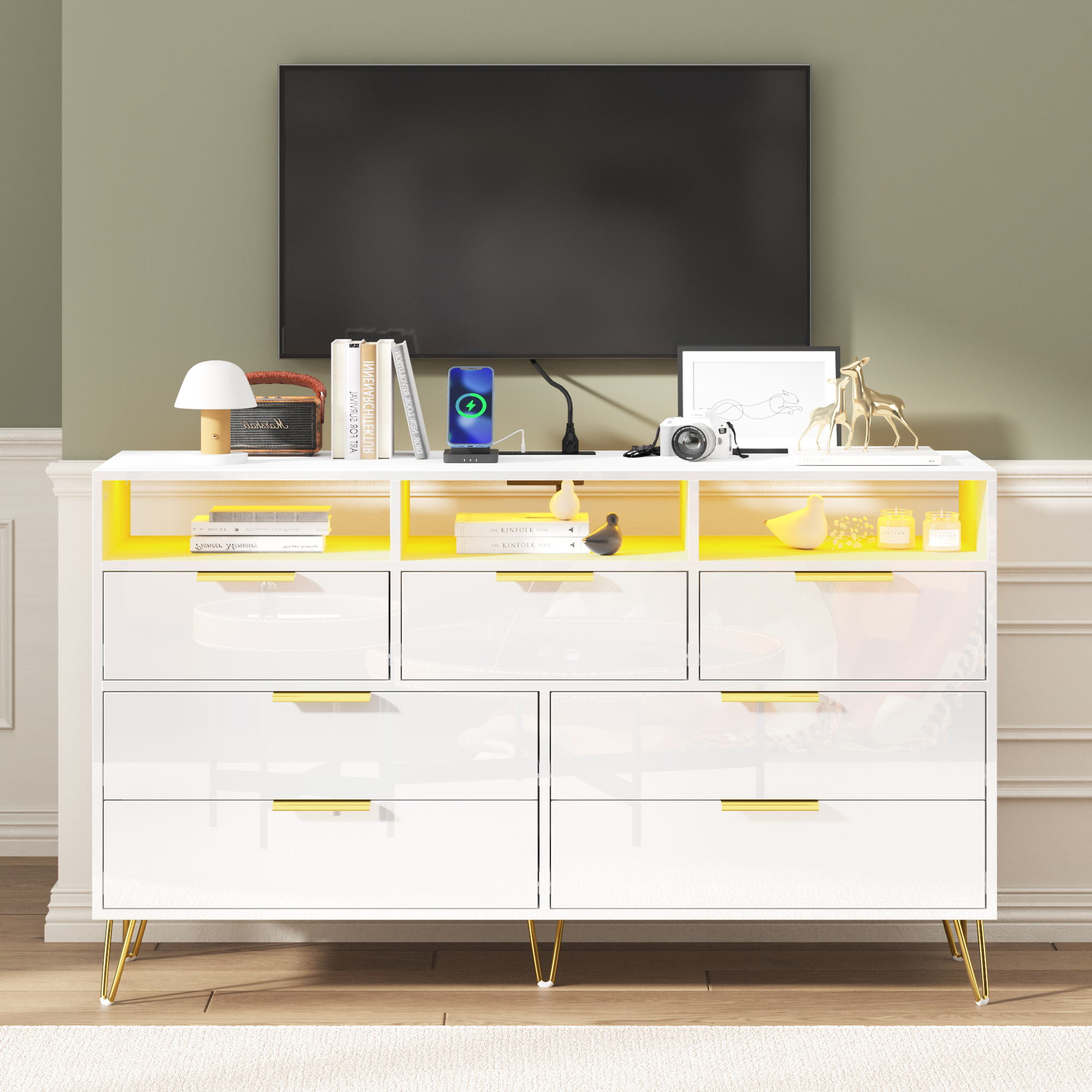 ChVans Black Dresser with LED Lights for Bedroom, Modern Wood Dresser with Wide Drawers and Metal Handles, 6 drawer dresser for Kids Living Room, Bedroom, Hallway