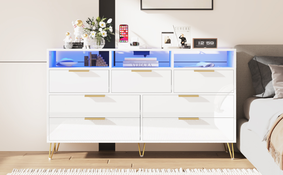 ChVans Black Dresser with LED Lights for Bedroom, Modern Wood Dresser with Wide Drawers and Metal Handles, 6 drawer dresser for Kids Living Room, Bedroom, Hallway