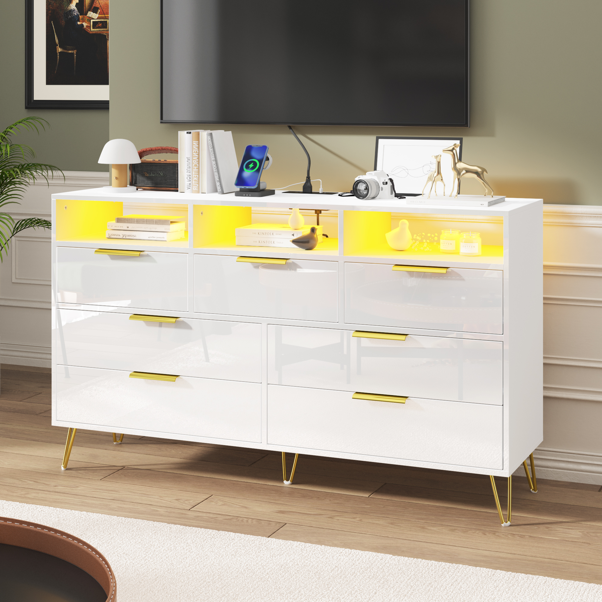 ChVans Black Dresser with LED Lights for Bedroom, Modern Wood Dresser with Wide Drawers and Metal Handles, 6 drawer dresser for Kids Living Room, Bedroom, Hallway