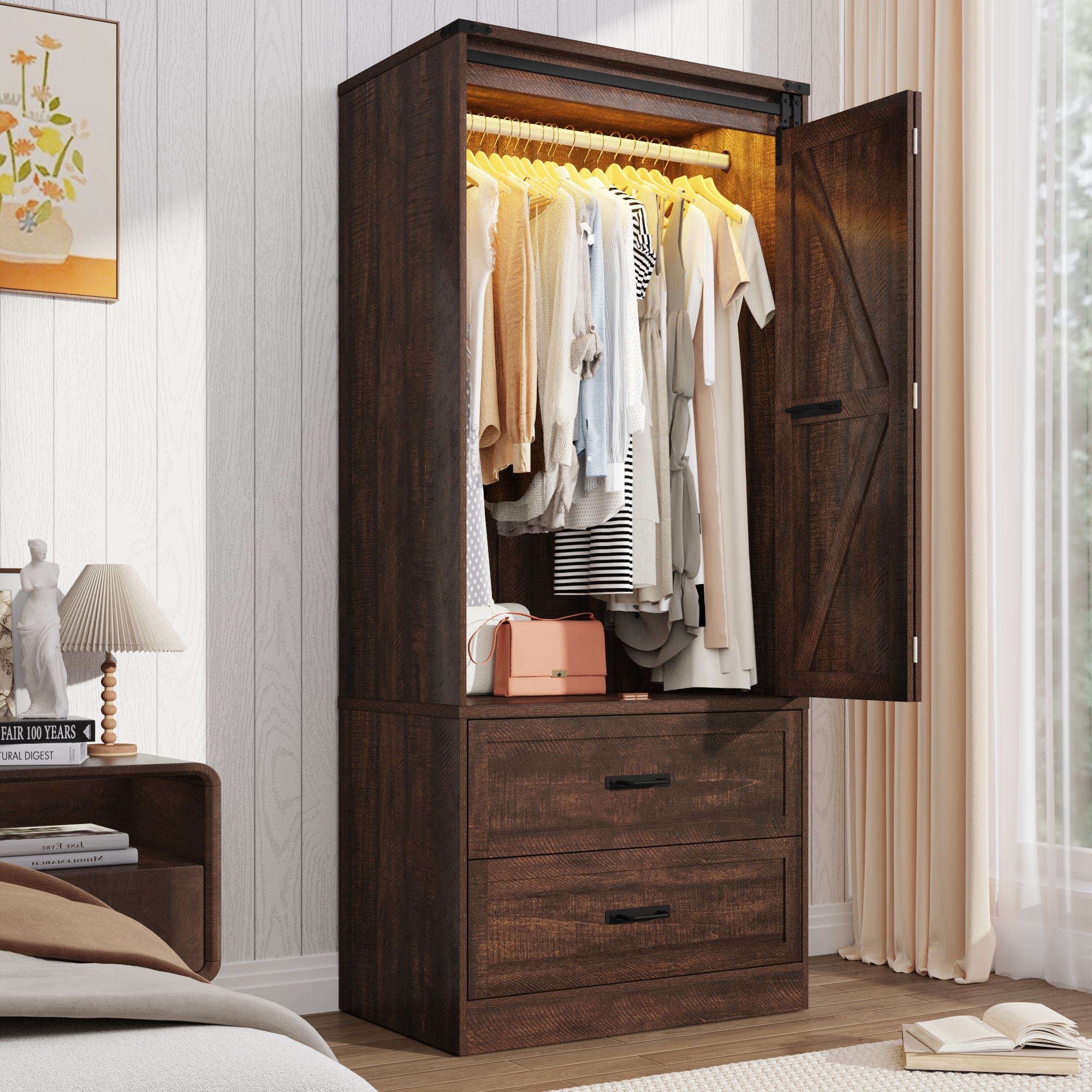 ChVans 72.8''H Armoire Wardrobe Closet with Sensor Light and 2 Drawer, Farmhouse Bedroom Armoire Cabinet with Hanging Rod, Wooden Wardrobe Cabinet with folding sliding barn door for Bedroom