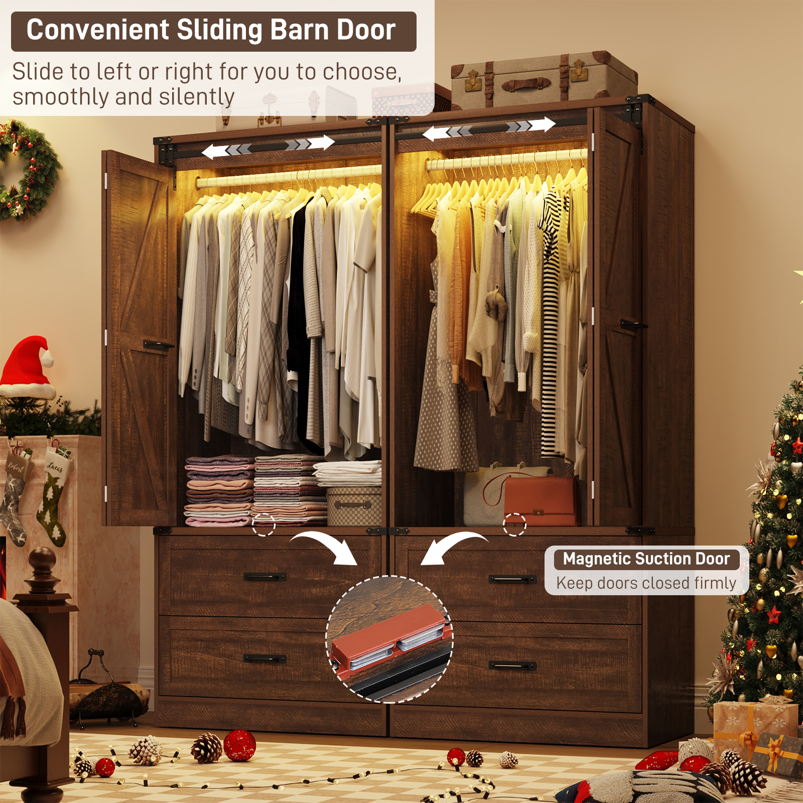 ChVans 72.8''H Armoire Wardrobe Closet with Sensor Light and 2 Drawer, Farmhouse Bedroom Armoire Cabinet with Hanging Rod, Wooden Wardrobe Cabinet with folding sliding barn door for Bedroom